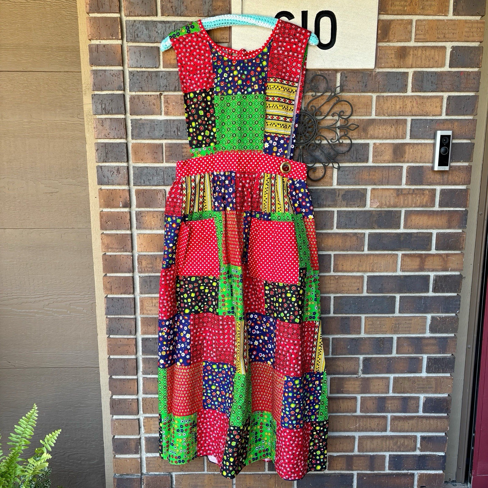 Vintage 1970s Patchwork Apron Smock Wrap maxi dress with pockets and ties S/M