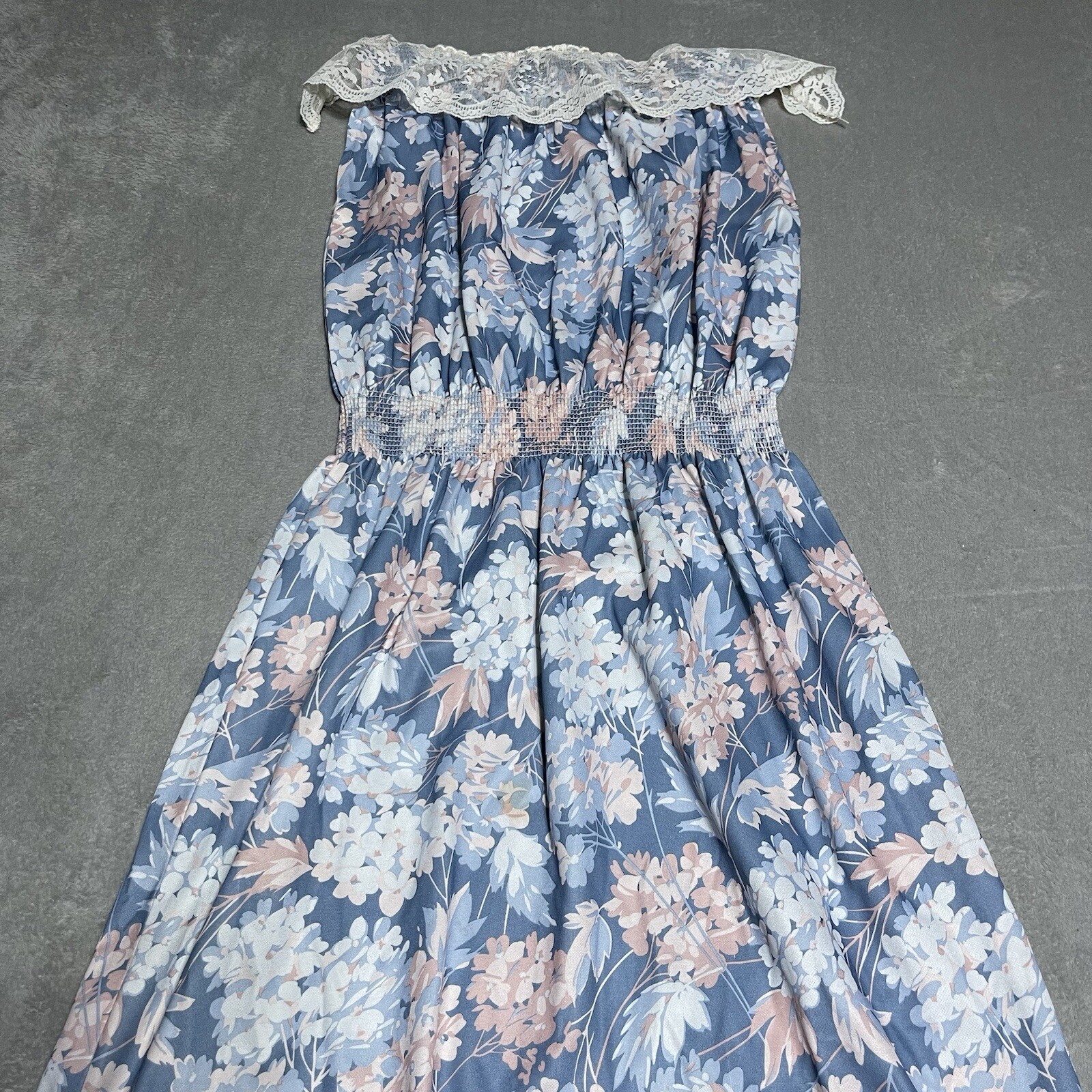 Vintage 70s Montgomery Ward Dress Womens 14 Blue Floral Lace Collared Sleeveless