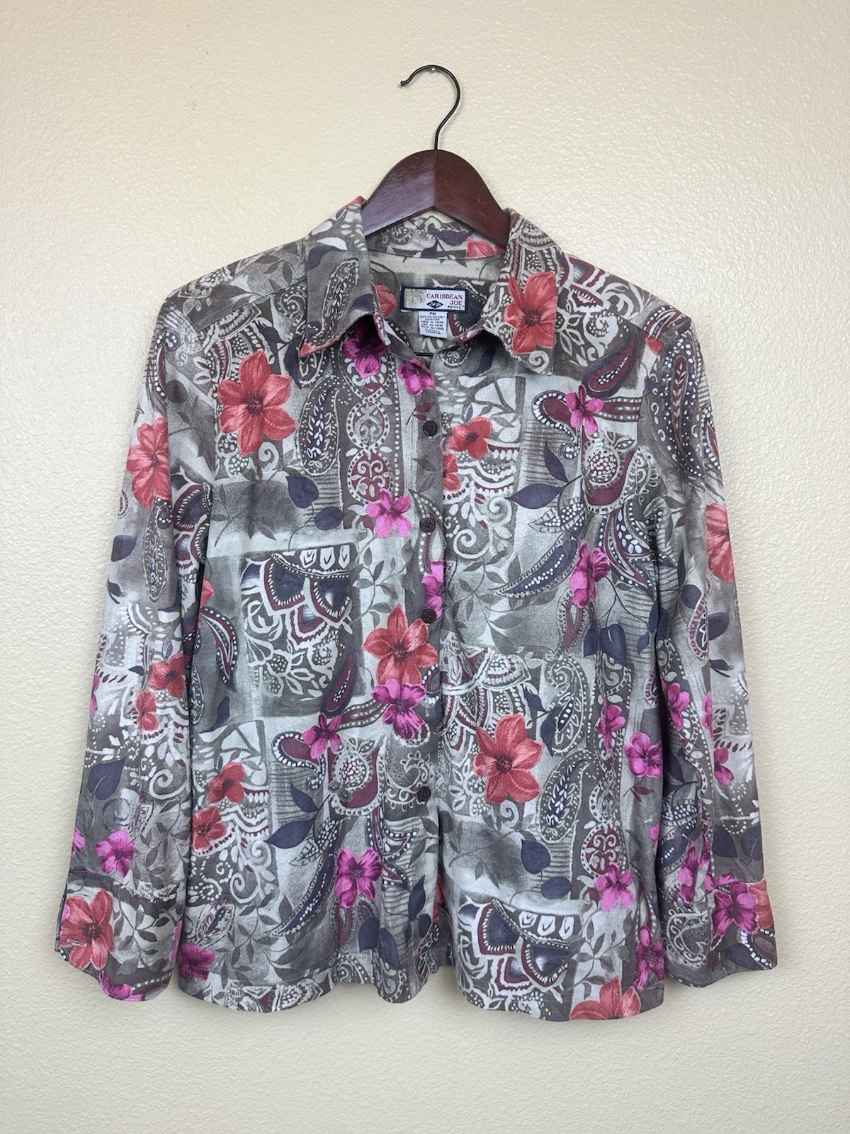 Vintage Microsuede Hawaiian Y2K Top Caribbean Joe Green Floral Size Petite M