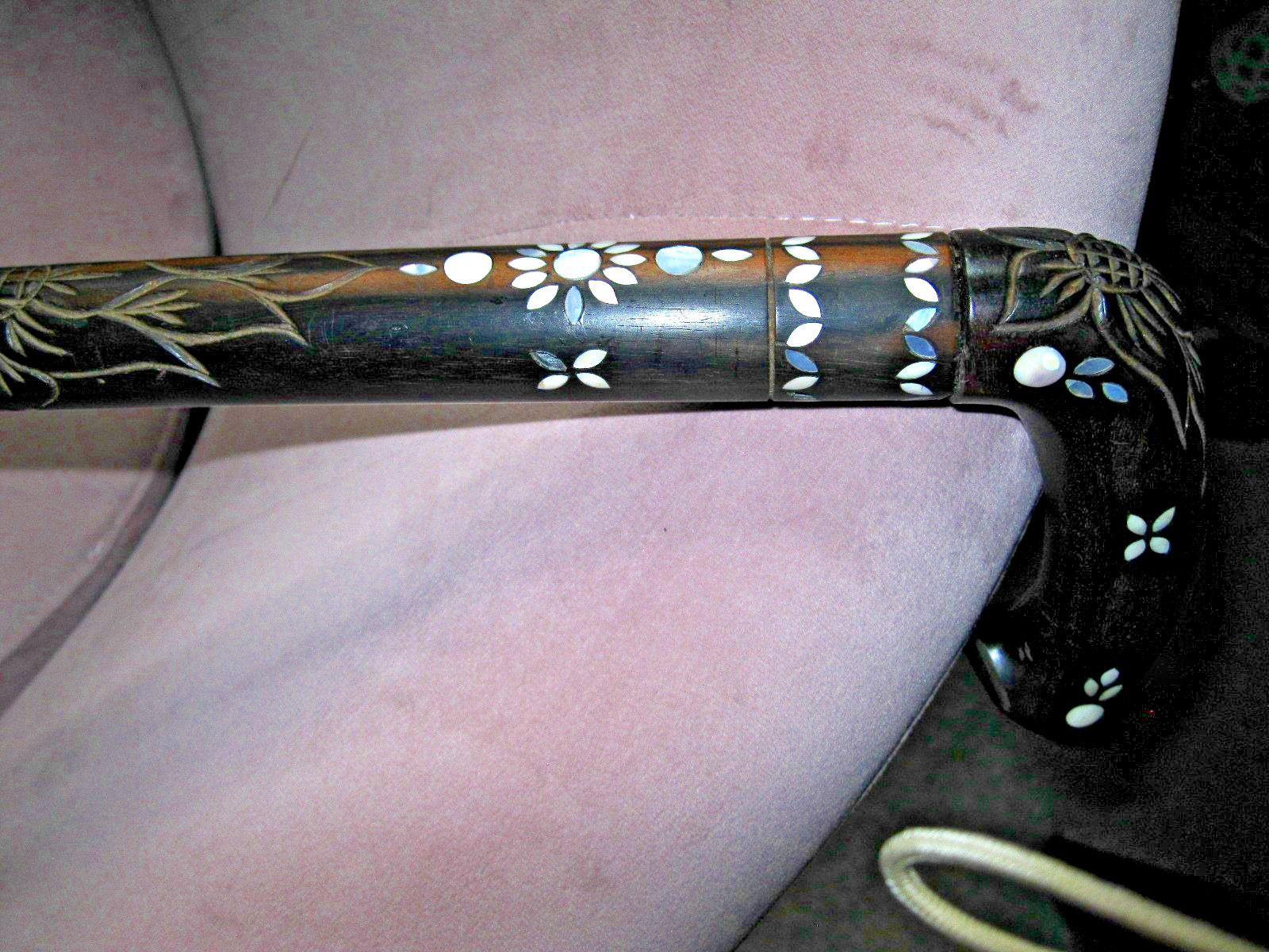 Antique Walking Cane MOP Inlay Hardwood/Ebony Anglo-Indian Vizagapatam 36.5” Gem