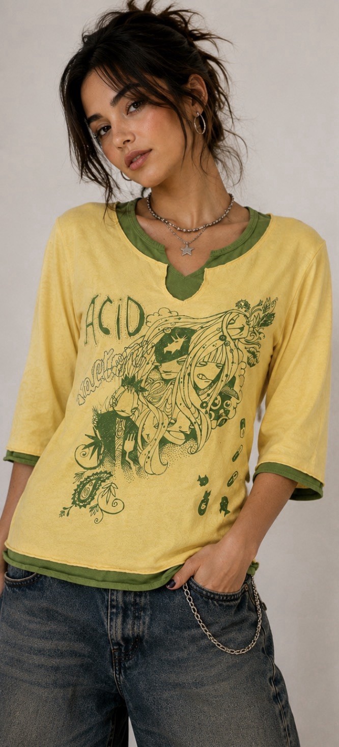 Vintage Y2K Graphic Layered Tee XXL Acid Factory Anime Skater 3/4 Sleeve