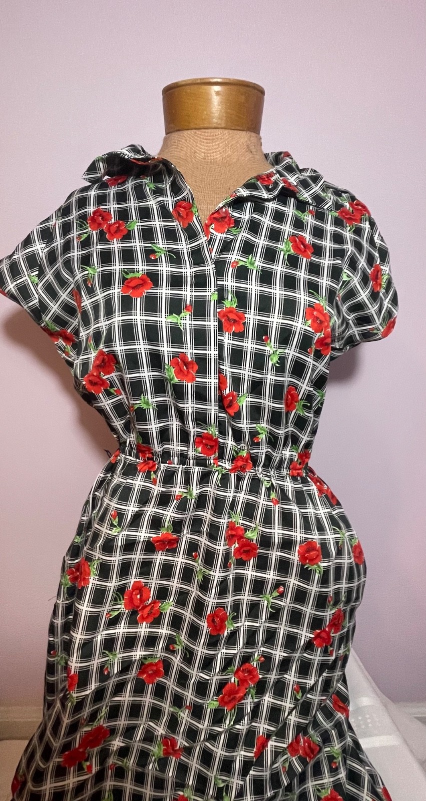 Vtg 70s Sears Poppy Floral Plaid Dress Grandmacore Shirt Dress XS S 1970s Red