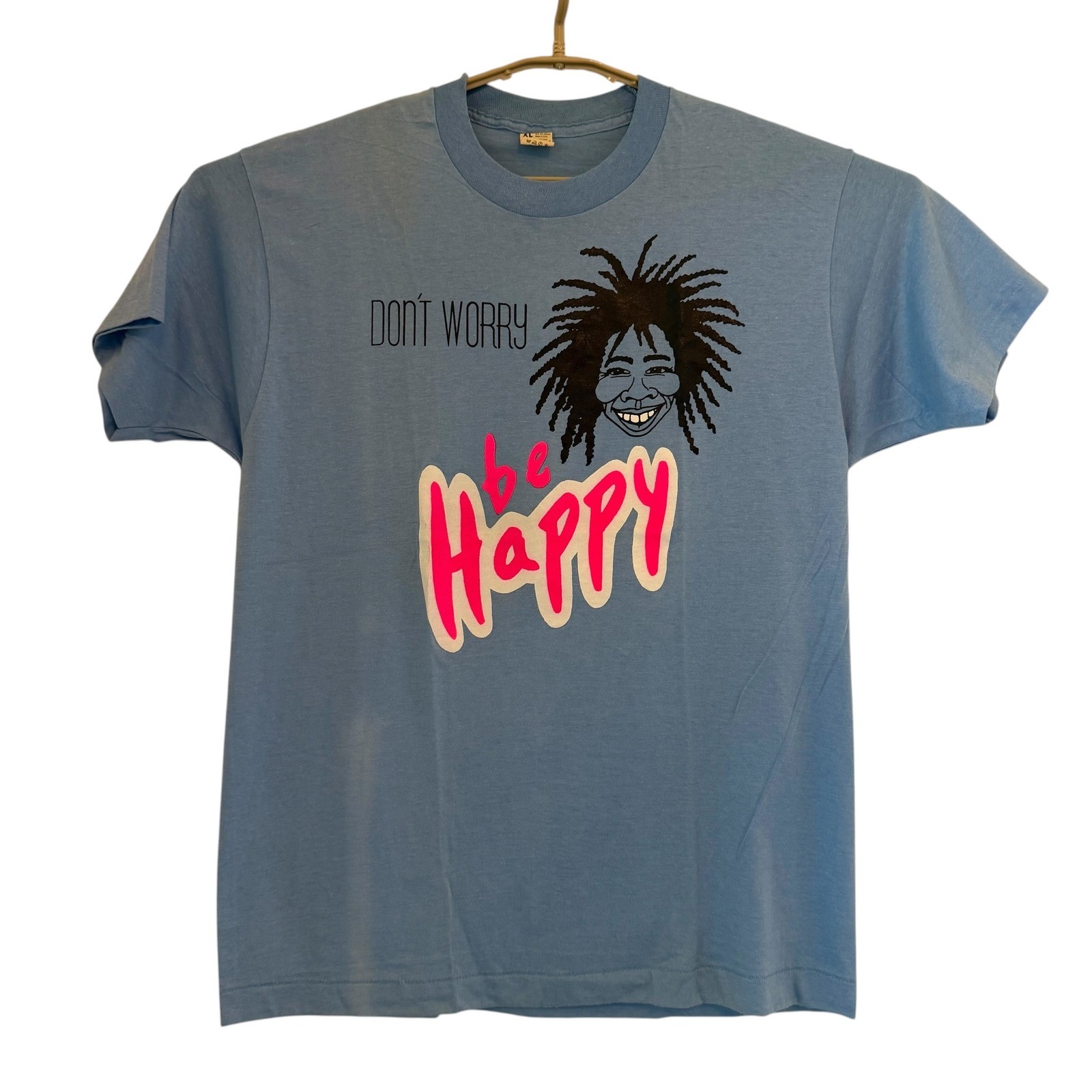 VTG 80s Screen Stars Dont Worry Be Happy T-Shirt Blue XL Fit M Single Stitch USA