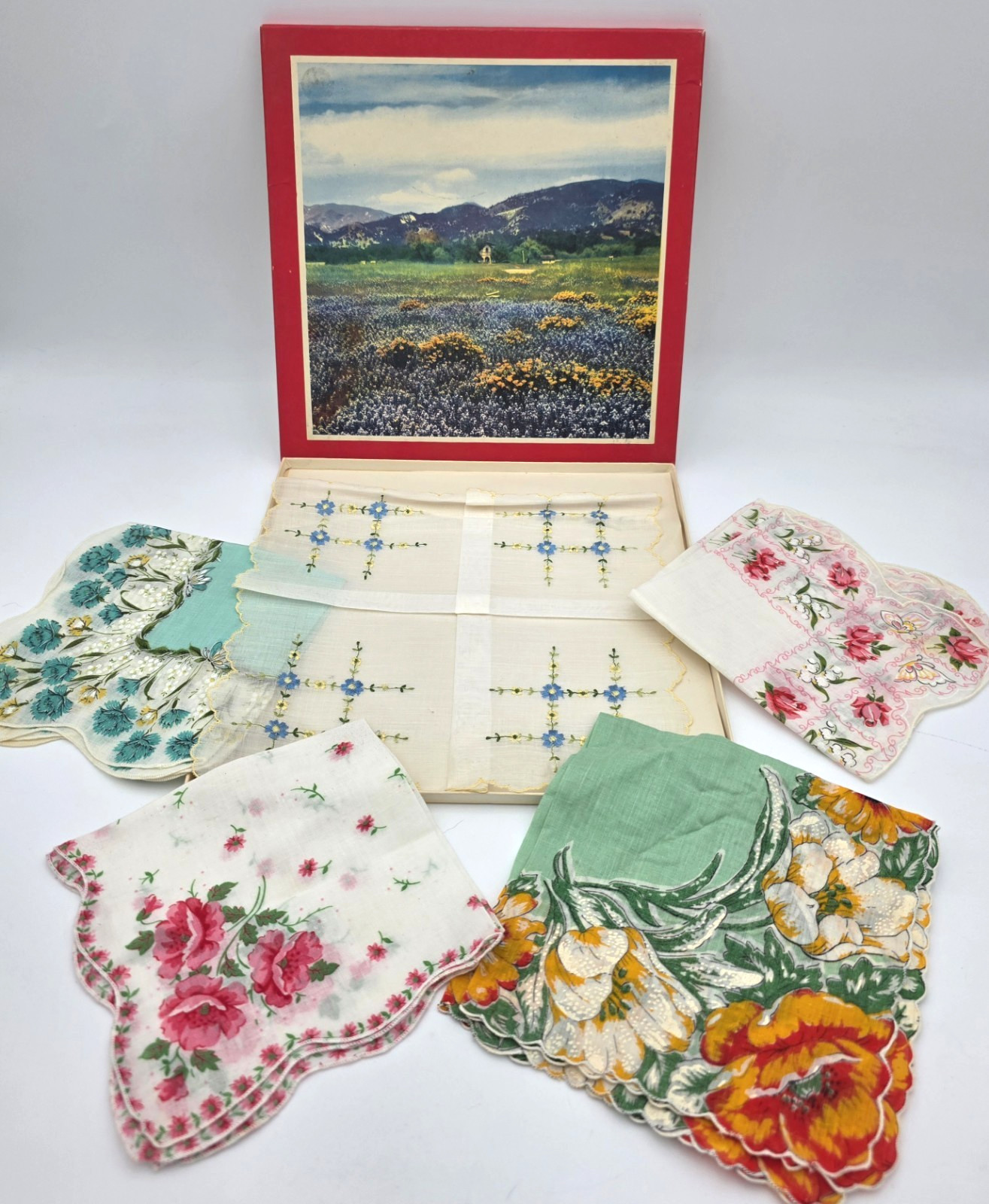 Floral Handkerchief Lot of 5 One DESCO Austria Boxed Hankies VTG