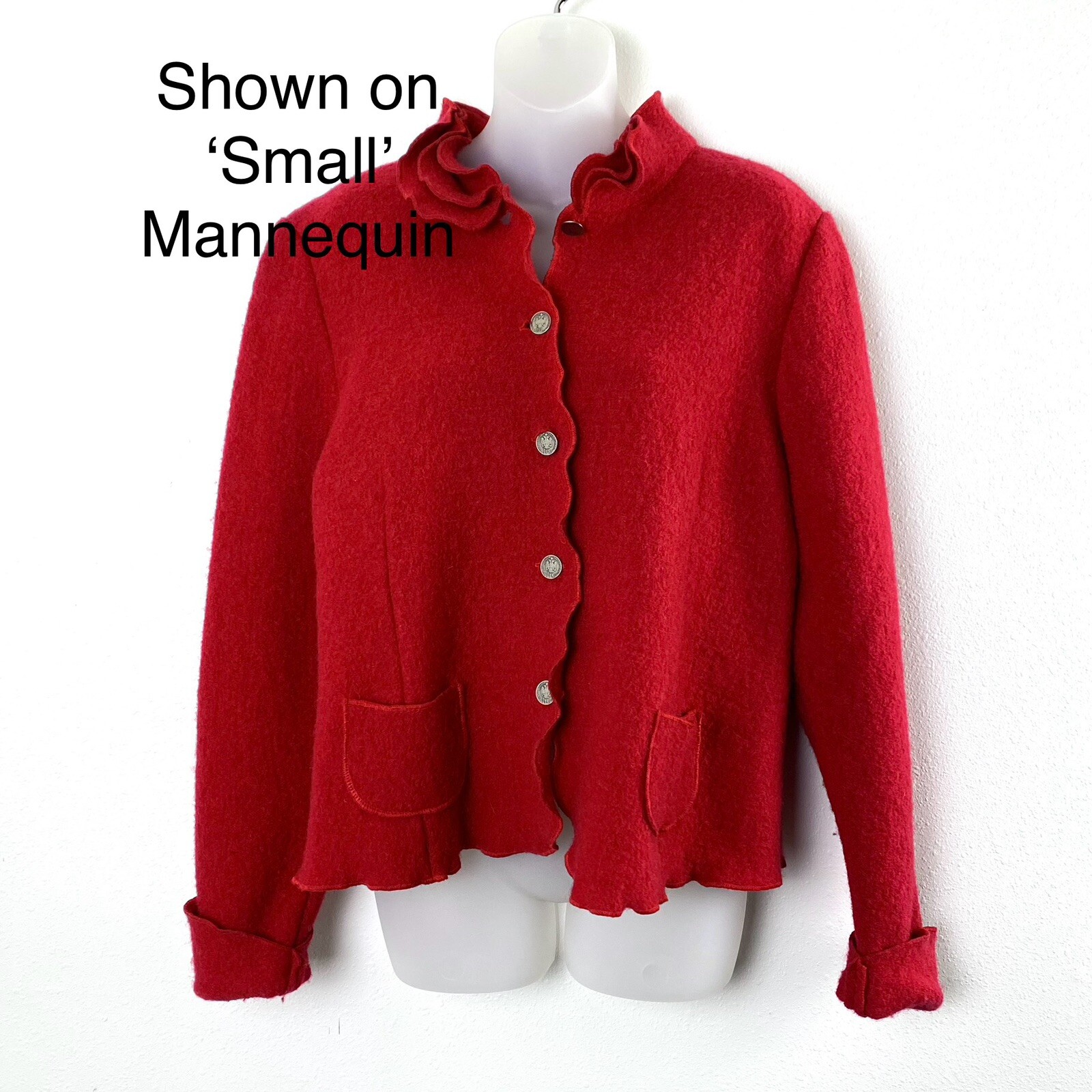 Vintage Jungmayer Womens Red 100% Wool Jacket Medium? Ruffle Collar Coin Buttons