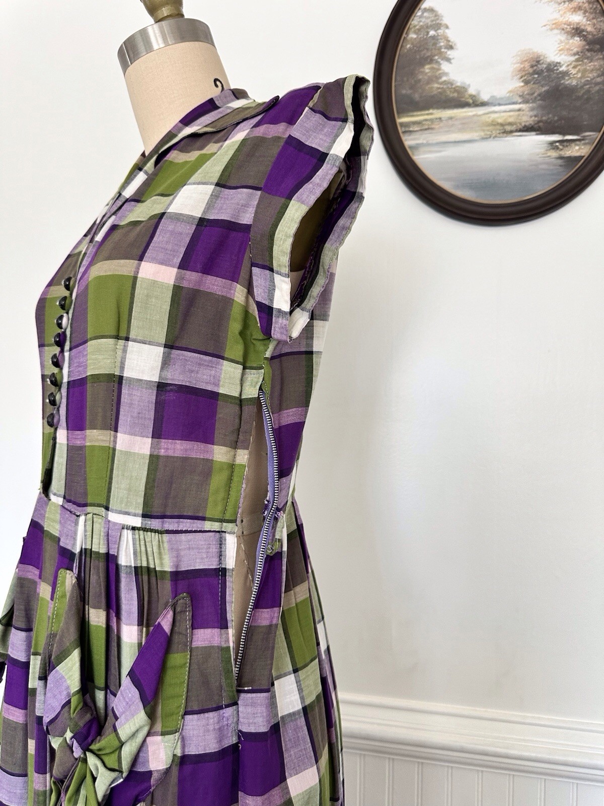 Vintage 1950s Plaid Green And Purple Dress With Pockets