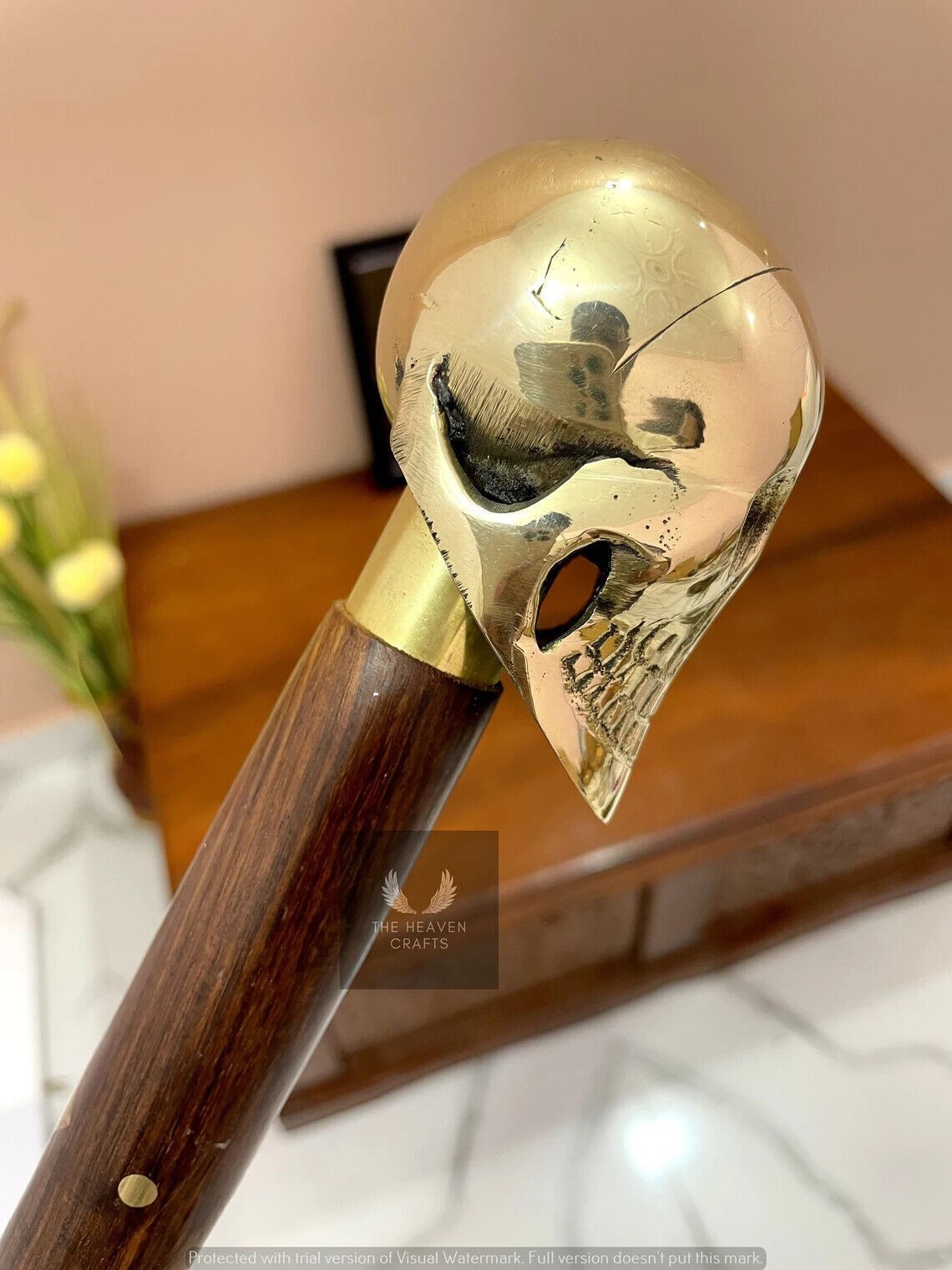 Solid Brass skull head Handle Vintage Designer Wooden Walking Stick Cane Antique