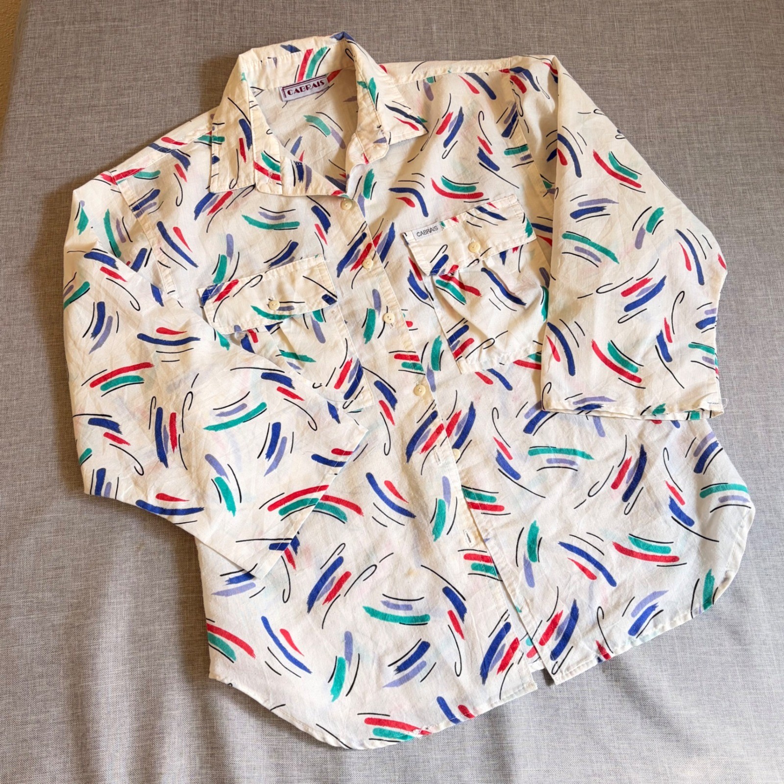 Cabrais Vtg 80s Abstract Brushstroke Button Shirt White Multi L Retro Nostalgia