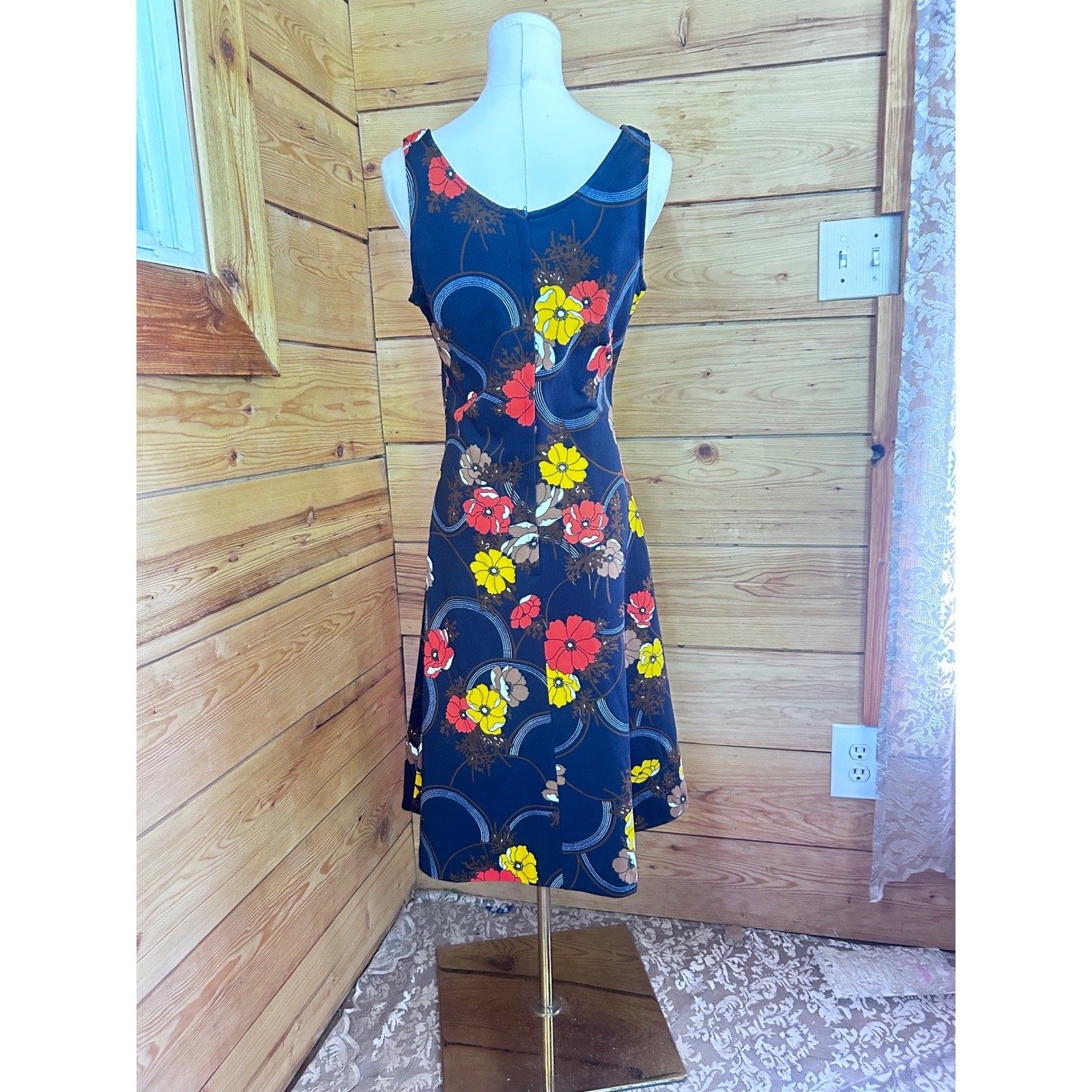 Vintage Floral Sweetheart Midi Dress Womens Medium Navy Blue 70s Retro Handmade