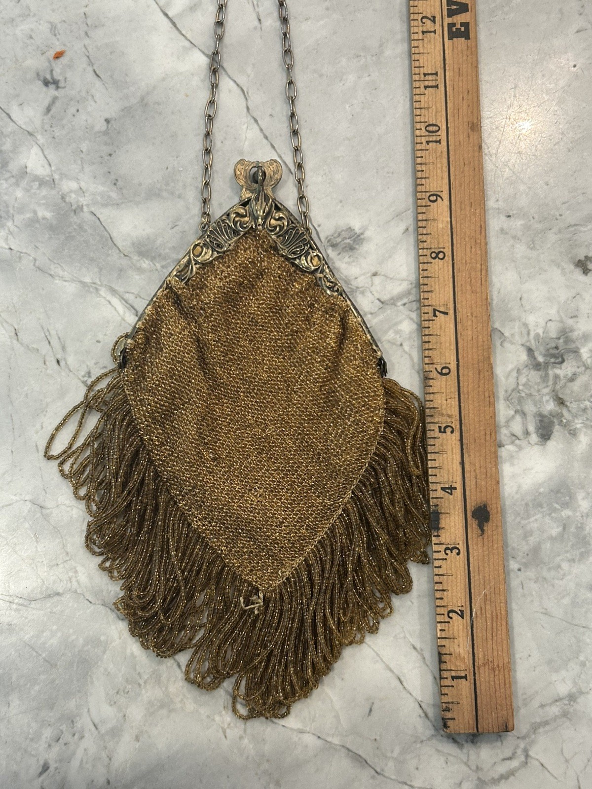 Antique Art Deco Gold Filigree Frame Amber Bead Fringe Silk Lined Flapper Purse