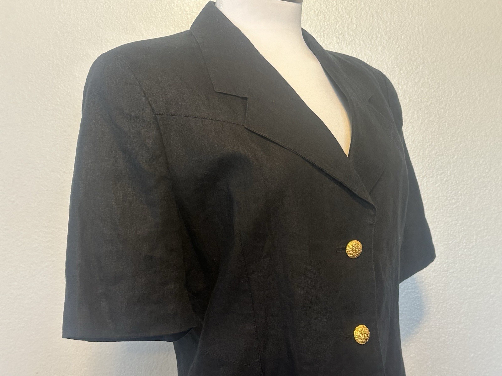 VTG ESCADA Margaretha Ley SZ.40 M Black 100% Linen Gold Button S/S Jacket Blazer