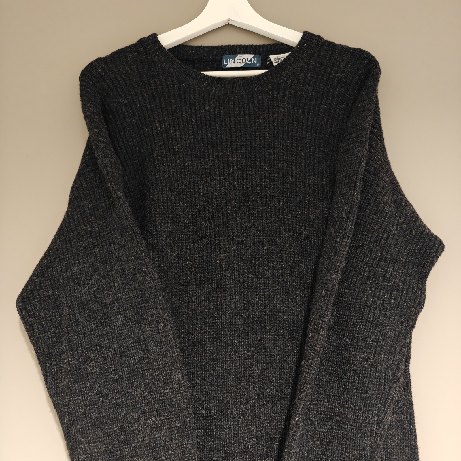 LINCOLN Mens Vintage 100% Wool Knit Jumper Charcoal Grey Size L Chunky Sweater