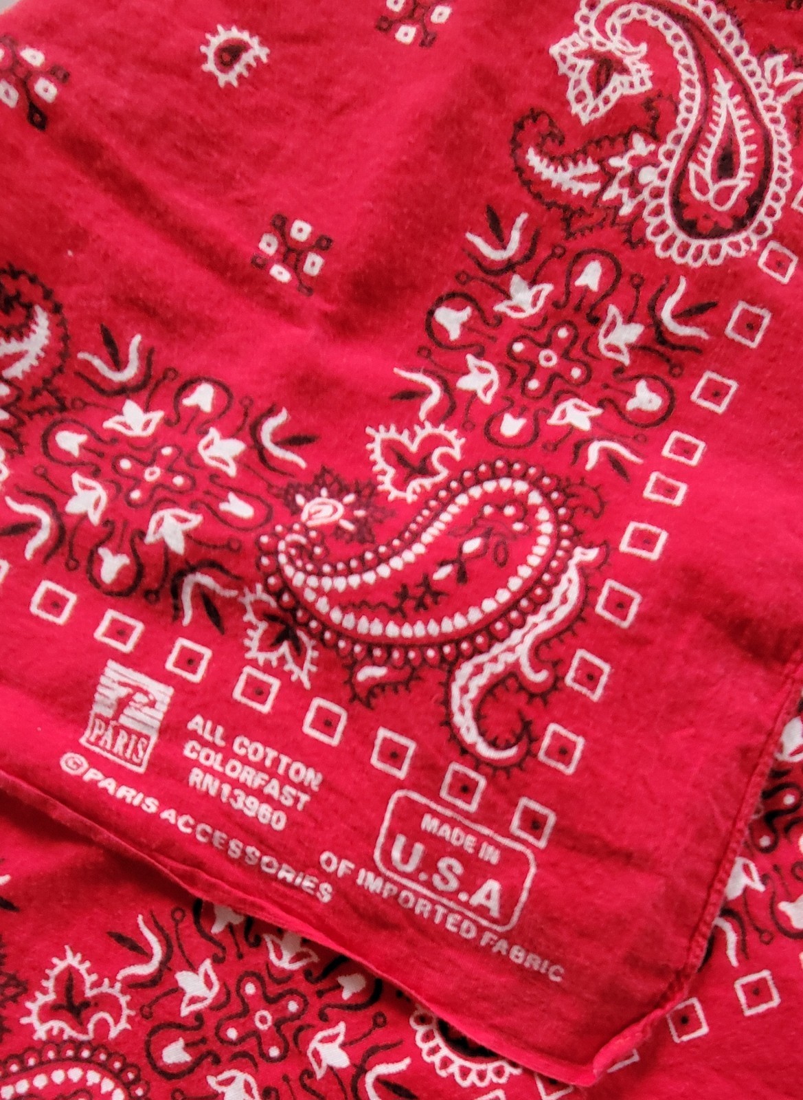 Vintage Paris Accessories Bandana Red White Paisley Made USA RN13960 Colorfast