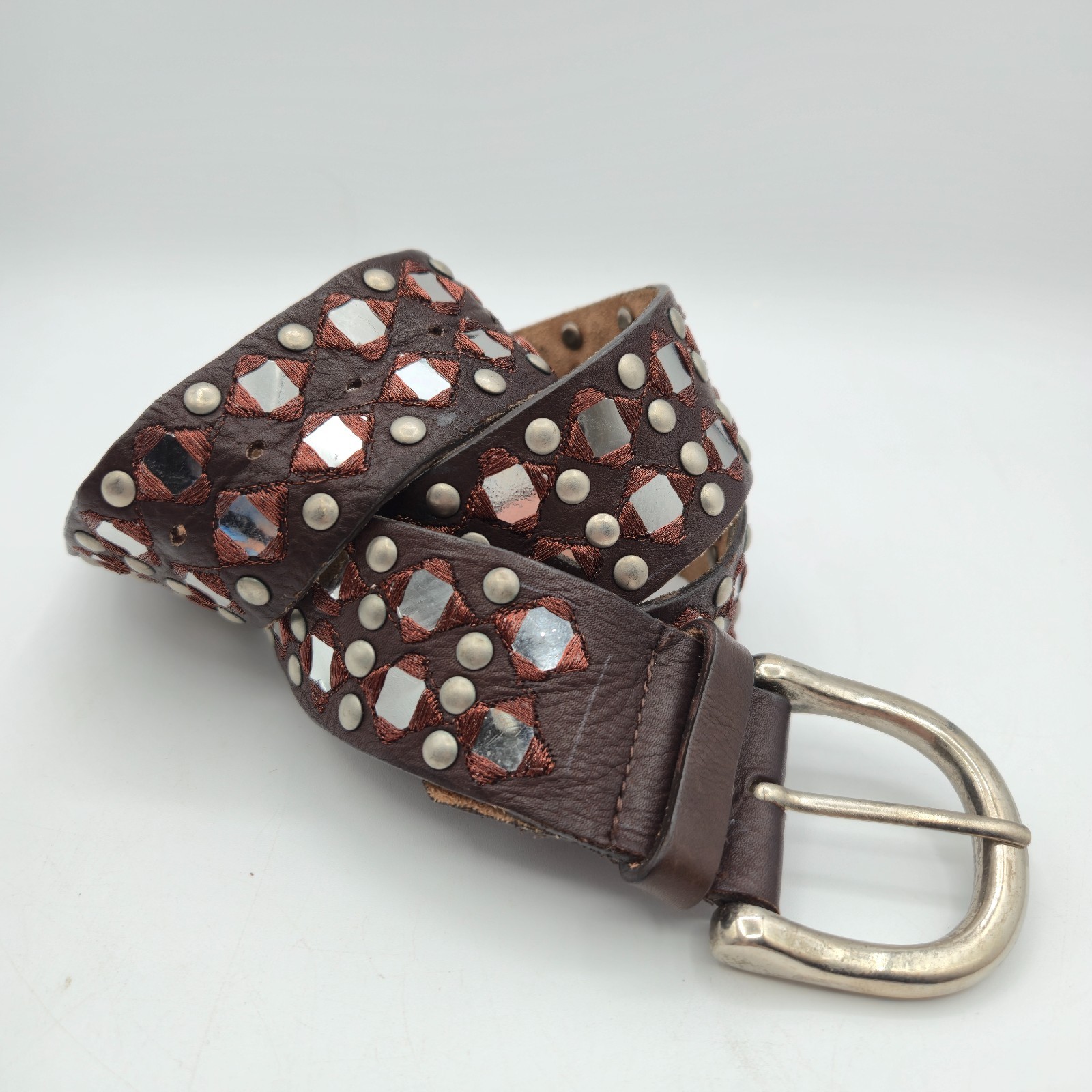 Leather Belt Unisex Large Brown Mirror Studded Western Boho Genuine India 1.5in