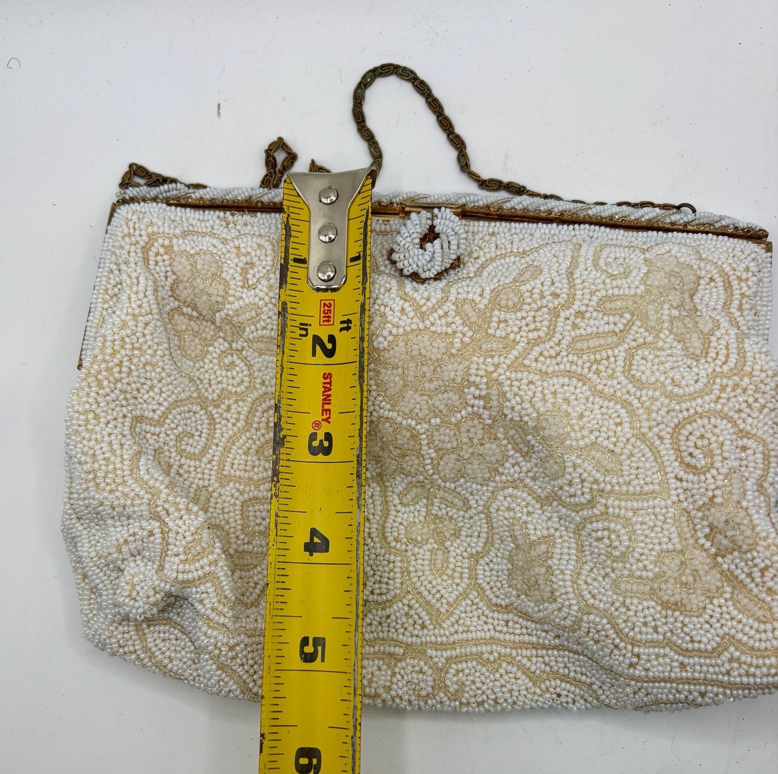 Vintage Mid-Century White Evening Bag Hand-Beaded in France with Gold-Tone Frame