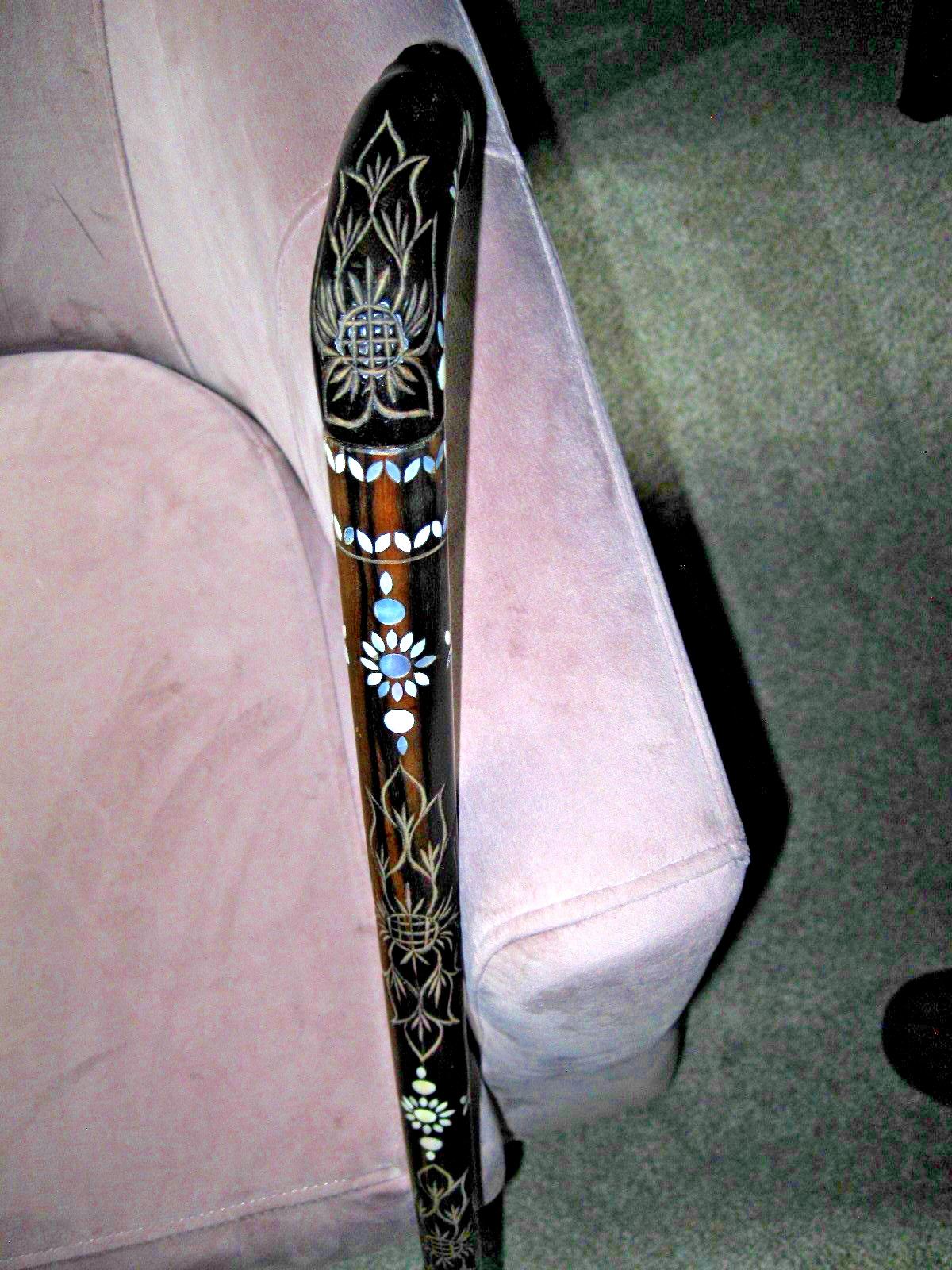 Antique Walking Cane MOP Inlay Hardwood/Ebony Anglo-Indian Vizagapatam 36.5” Gem