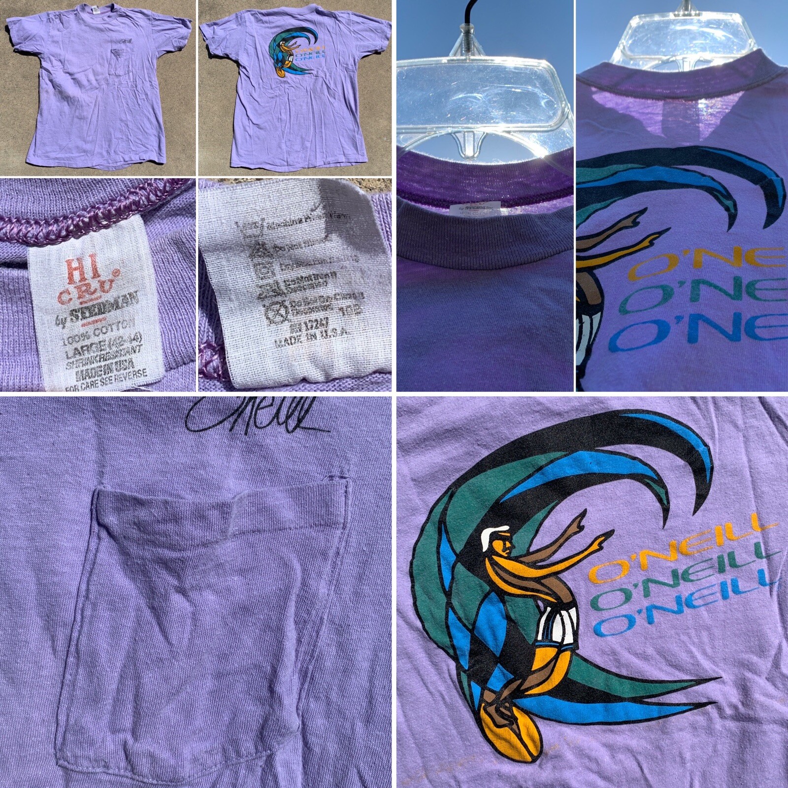 Vintage O’Neill Pocket Tee T-Shirt Surf Surfer Surfboard Graphics HI CRU Label L