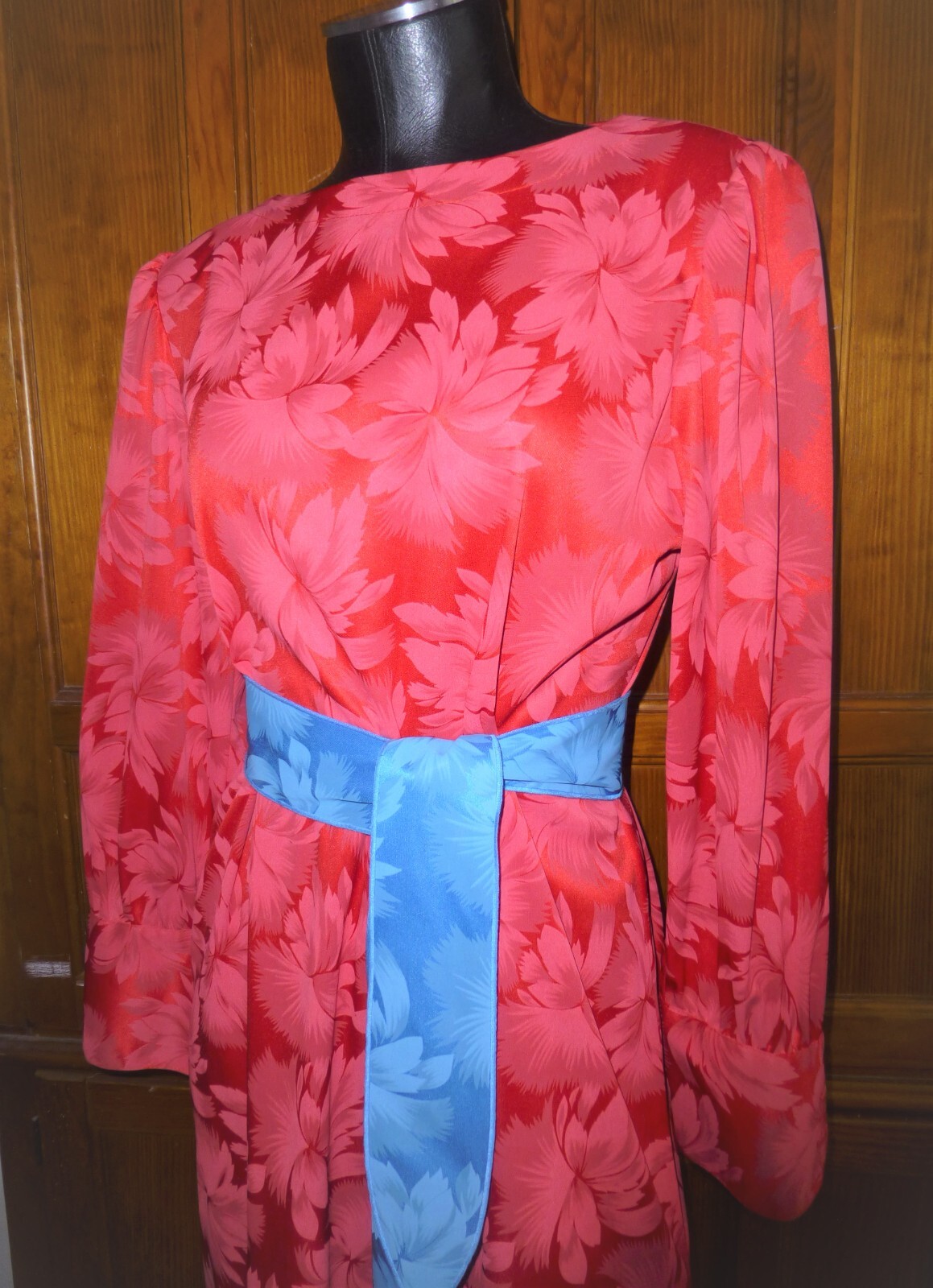 VTG 70s 80s RED Blue Belt Jersey Floral Secretary Cocktail Party midi DRESS L XL