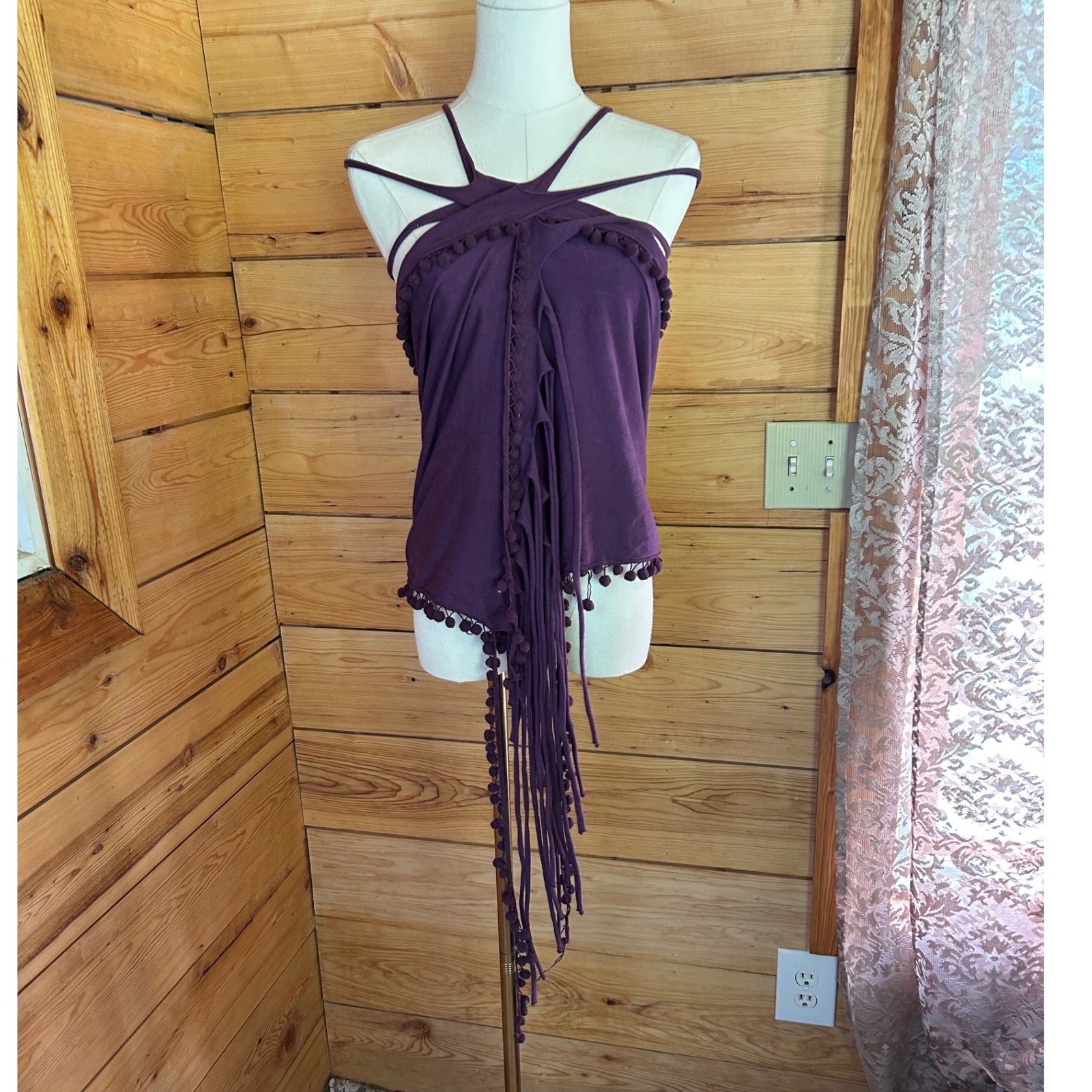 Vintage Purple Convertible Multiway Wrap Top Skirt Scarf Boho Pom Pom Fringe Fes