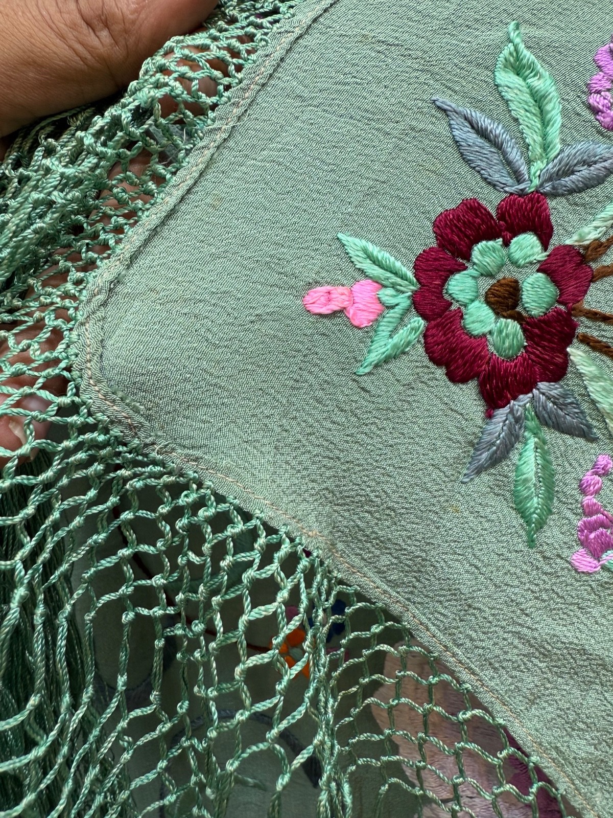Vintage Manila Silk Embroidered Piano Scarf Shoulder Shawl 120×115 Cm