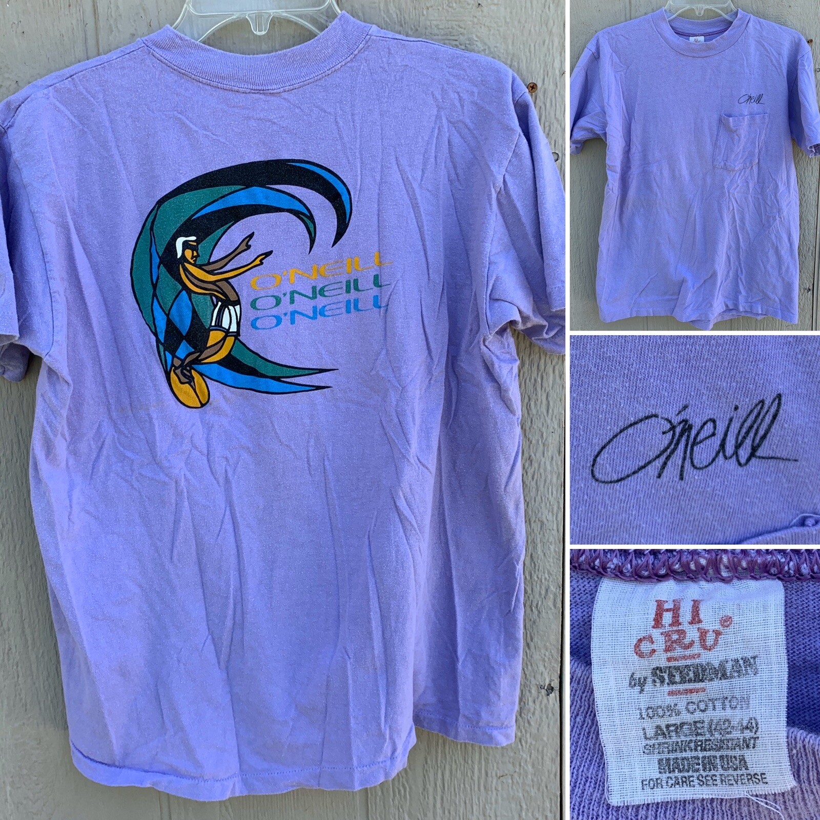 Vintage O’Neill Pocket Tee T-Shirt Surf Surfer Surfboard Graphics HI CRU Label L