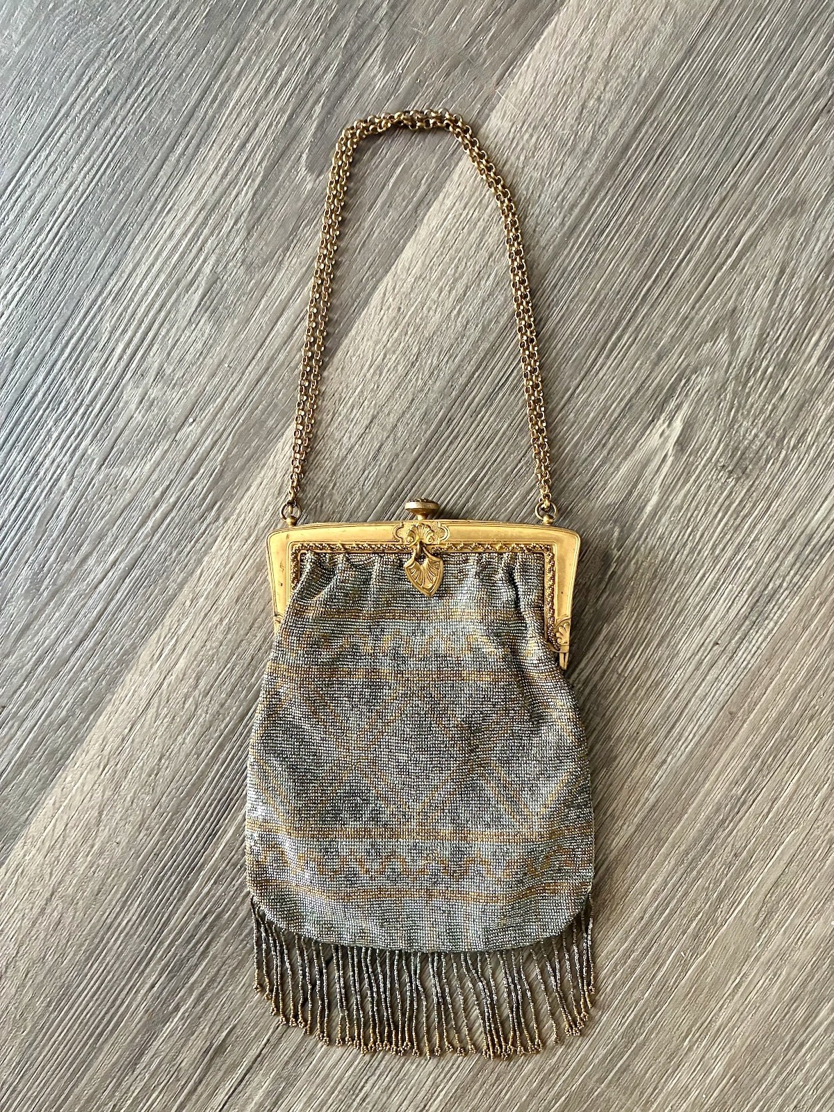 French Art Deco Flapper Cut Steel Micro Bead Fringe Metal Frame Purse Antique