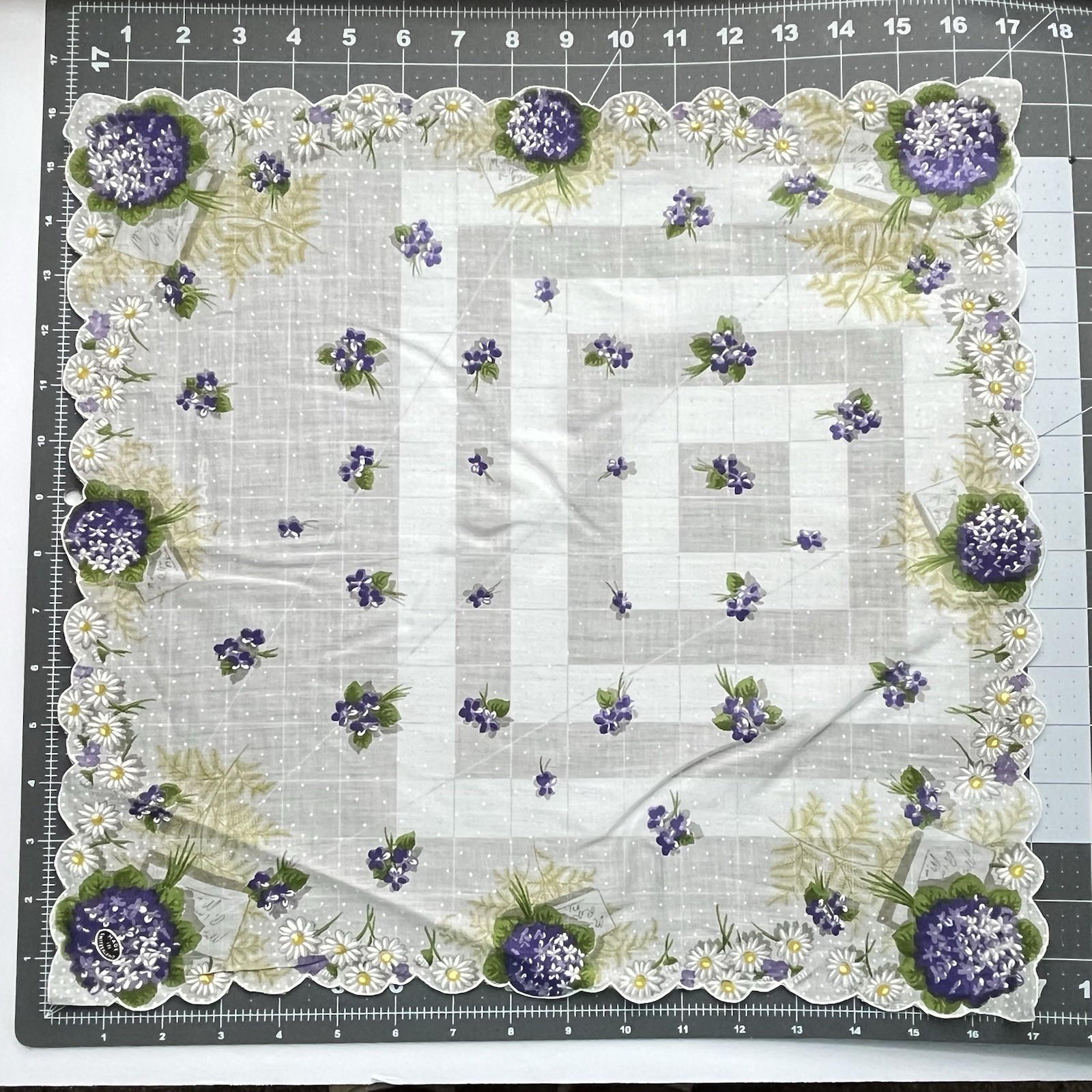VTG Floral Hankie Violet Hydrangea Daisies Swiss Dot Scalloped Edge NWT 16×17″