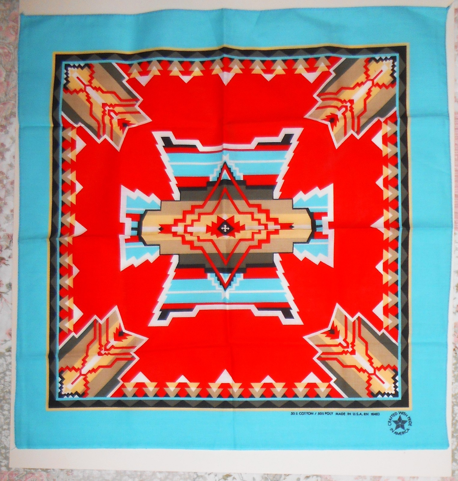 NWOT Bandana Southwest Aztec Design Aqua & Orangie/Red 21″x 22″ Poly-Cotton