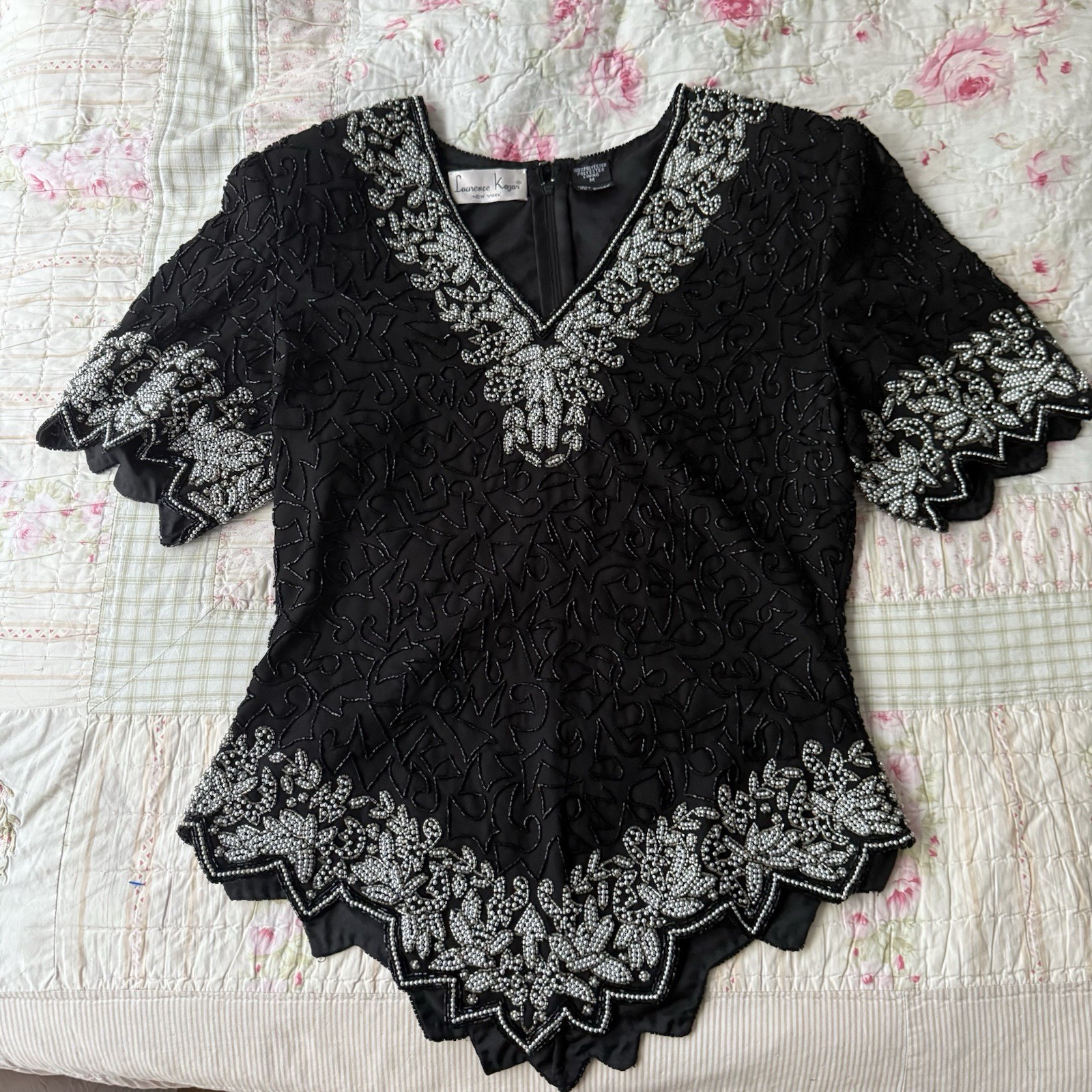 Laurence Kazar Size M Vintage Sequin Beaded Black Silver 80s Top Perfect