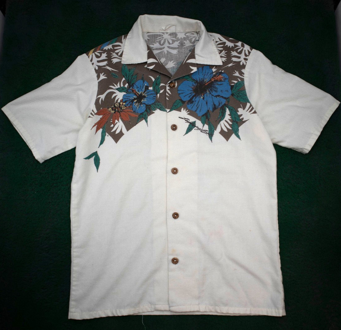 1970s Lightning Bolt Vintage Shirt Size Medium Rainbow Surfer Hibiscus