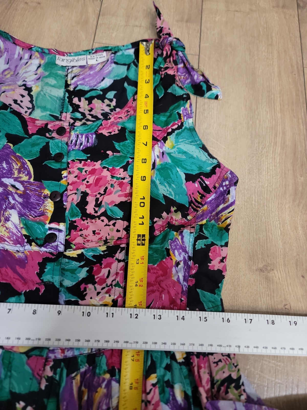 VTG 80s Floral Dress Tie Shoulder Midi Full Skirt Button Front Tea Garden