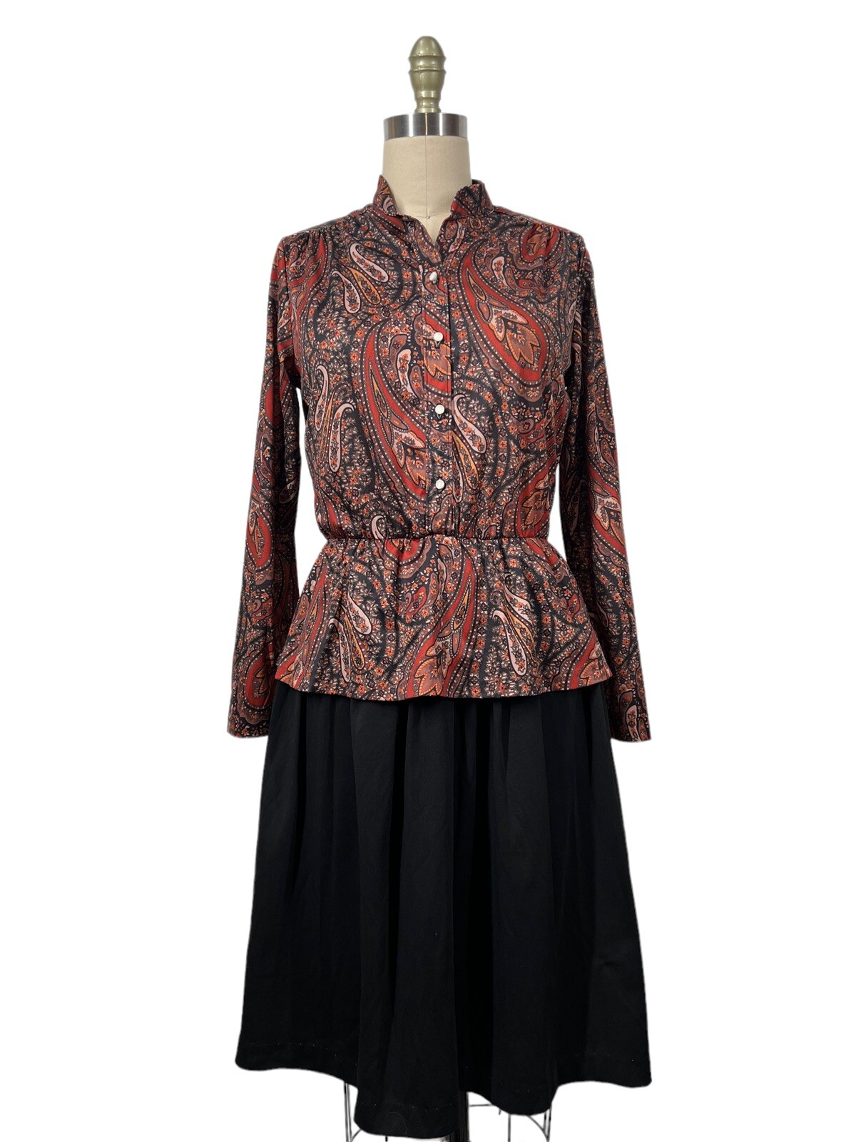 Vtg 70s Paisley Polyester Secretary Geek Conservative Dress Peplum SZ 10 / USA