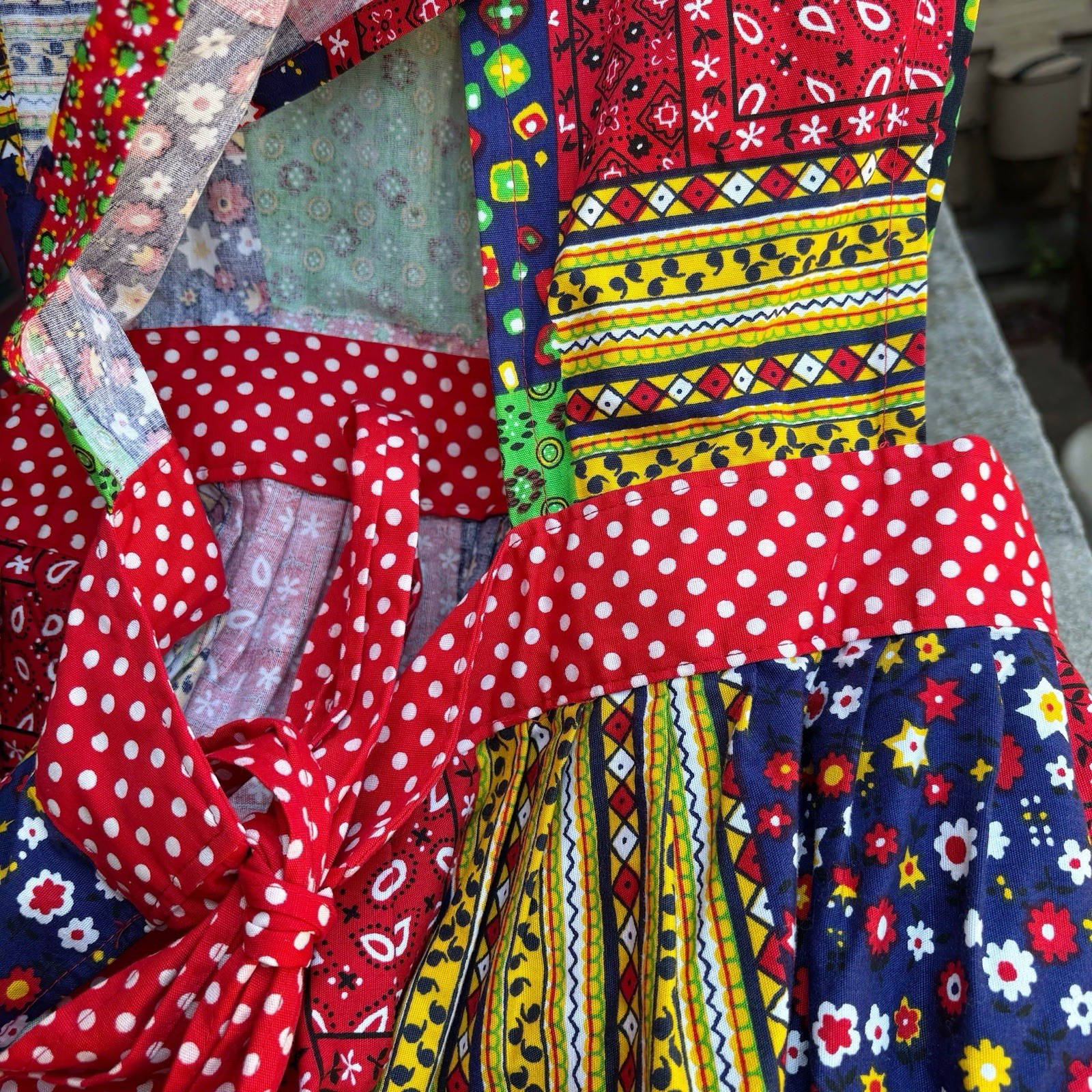 Vintage 1970s Patchwork Apron Smock Wrap maxi dress with pockets and ties S/M
