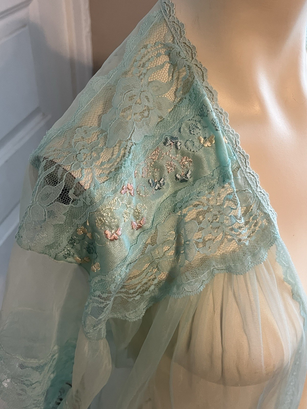Vintage Stardust Sheer Aqua Blue Lace Robe Nylon Open Front 60” Small S