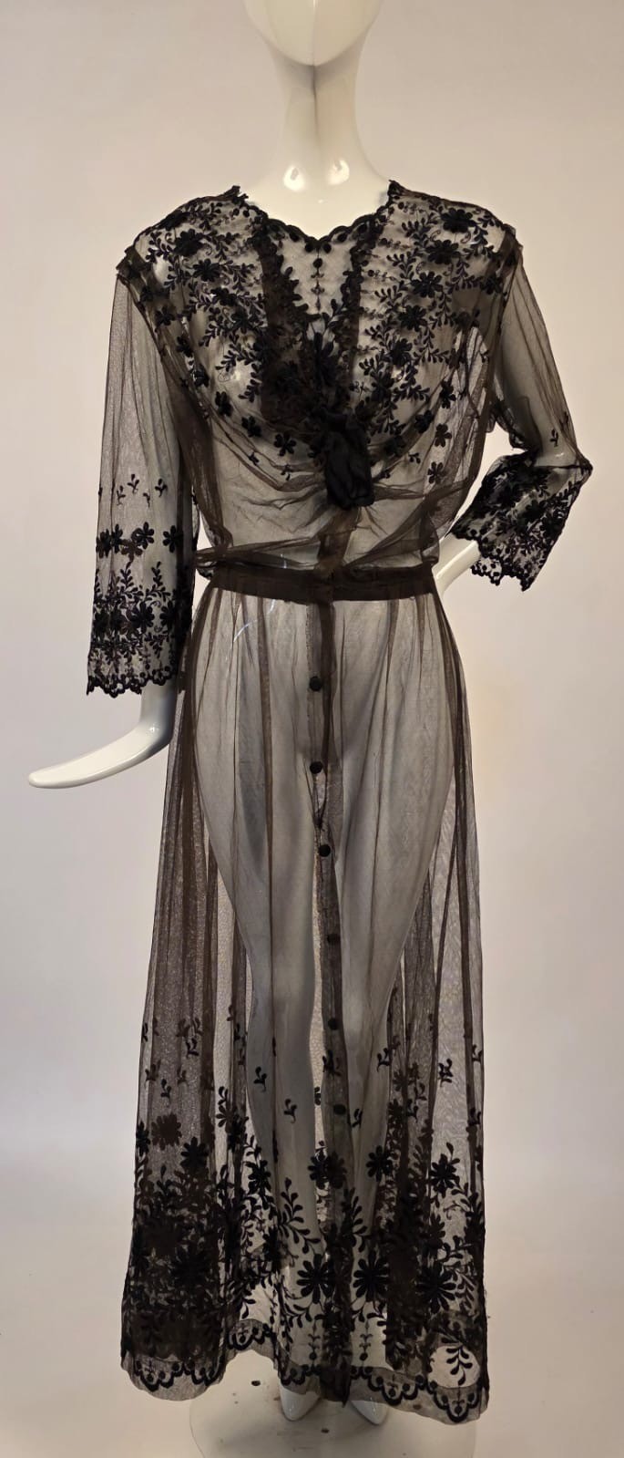 GOTHIC GLAM UNUSUAL EDWARDIAN BROWN BRIDAL NET DRESS W JET BLACK EMBROIDERY