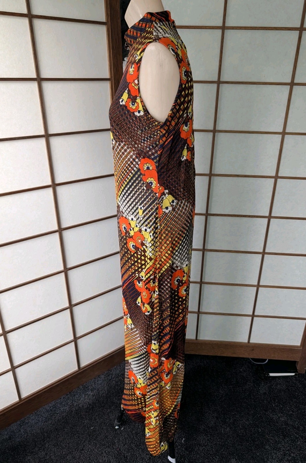 Vintage 1960s Mandarin Collar Maxi Dress Bright Psychedelic Day Glo Hippie S/M