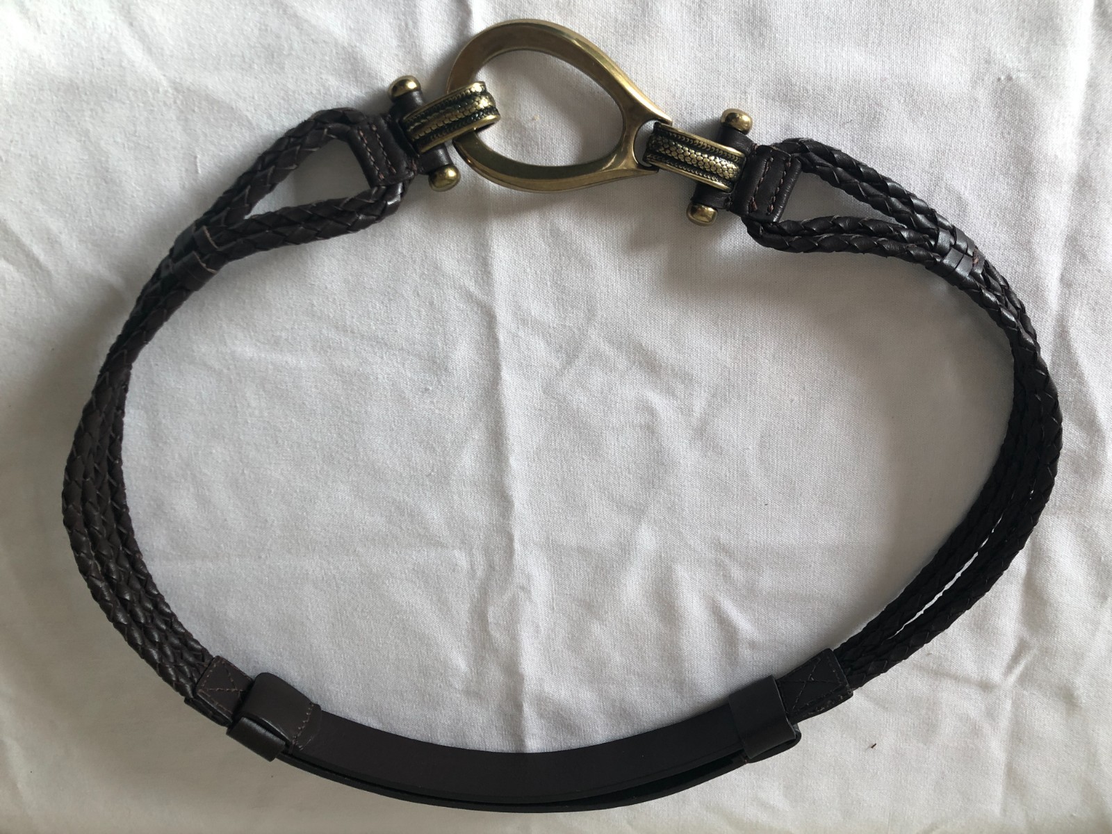 Brown Braided Leather Belt Brass Buckle Adjustable Unisex Adults