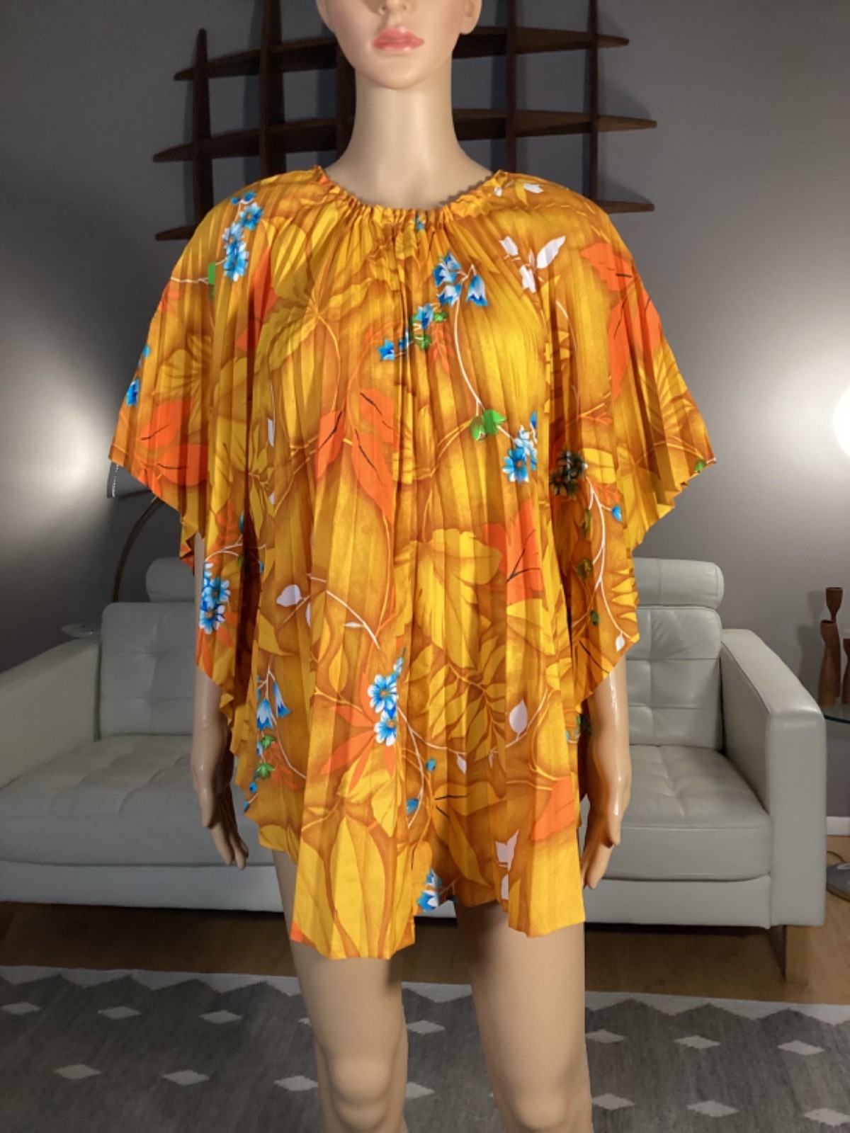 Vintage 60 70s Accordion Pleated Hawaiian Tropical Shirt Caftan Top Aloha