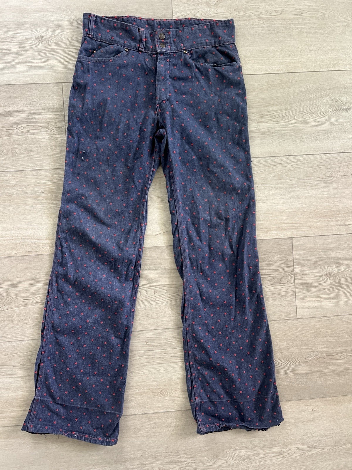 Vtg 60s Male Made USA Heart Flocked Denim Carpenter Flare Jeans Hippie Love 33”