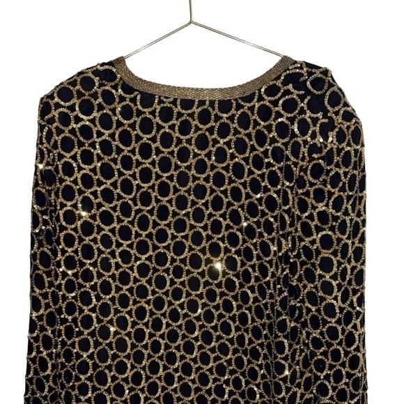 Vintage Sequin 100% Silk Black & Gold Duster Jacket Made in India P2P 24″