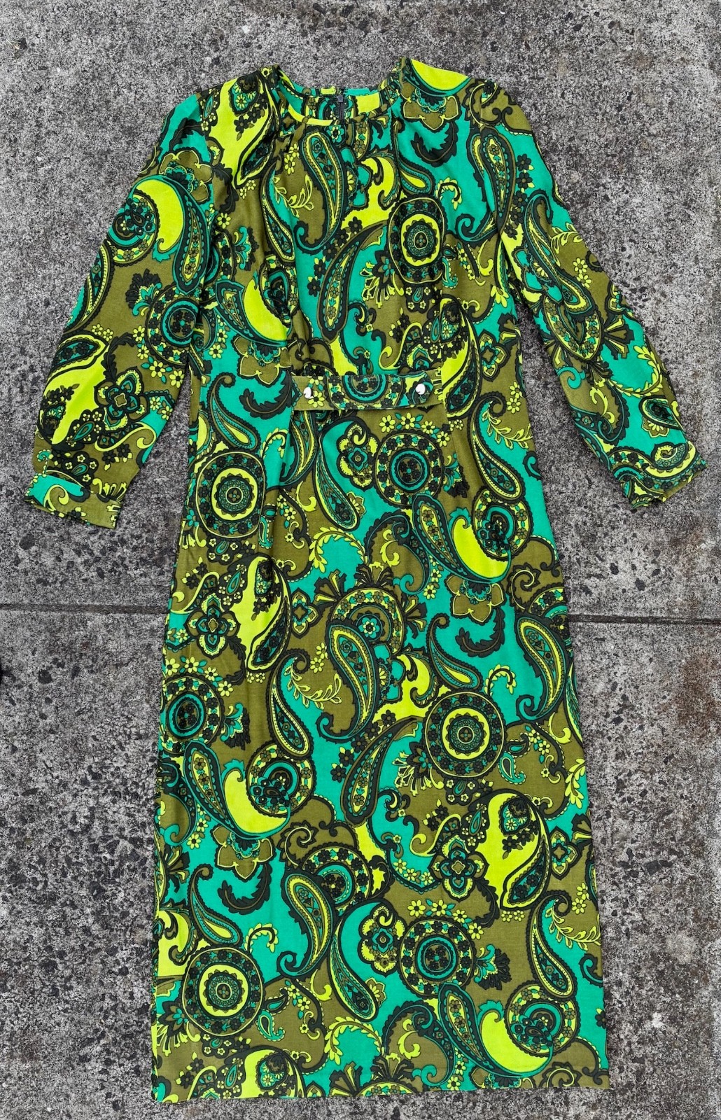 Vintage 60s Unworn size L Maxi Long dress green Paisley Fit & Flare