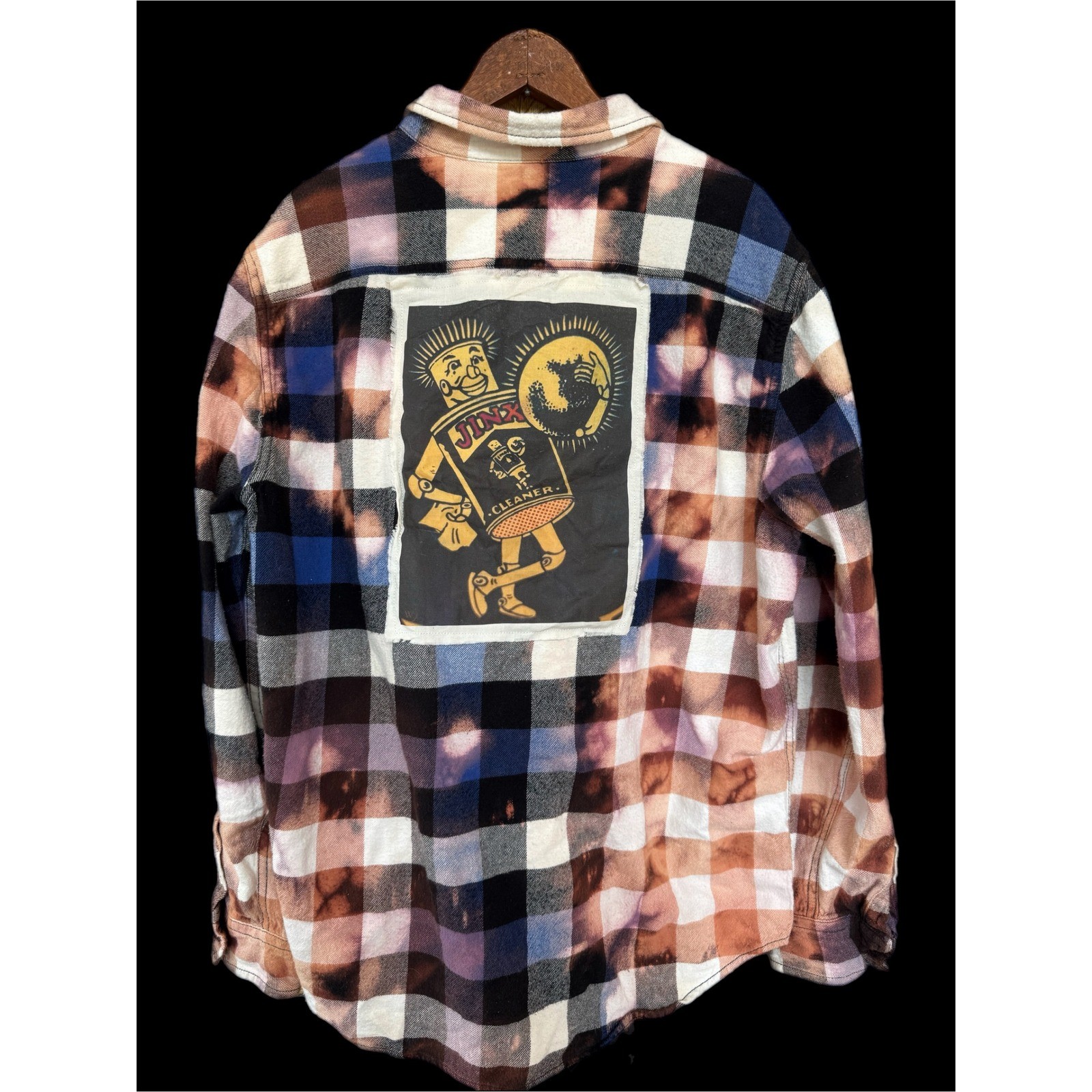 Distressed Upcycled Grunge Flannel Bleach Dye Jinx Patch Folk Art Shirt XL