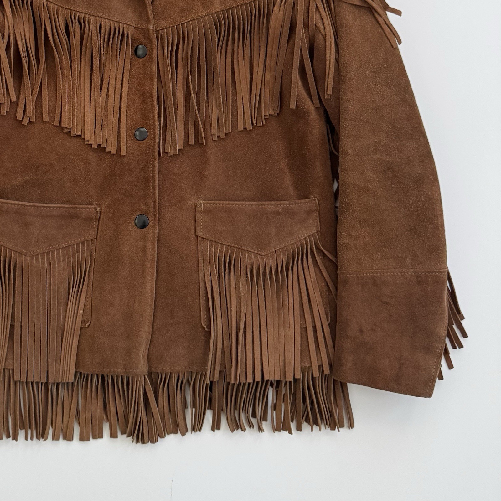 VTG 70s Jo-Kay Suede Leather Jacket Brown Western Fringe – Women’s S? 23x 17.5
