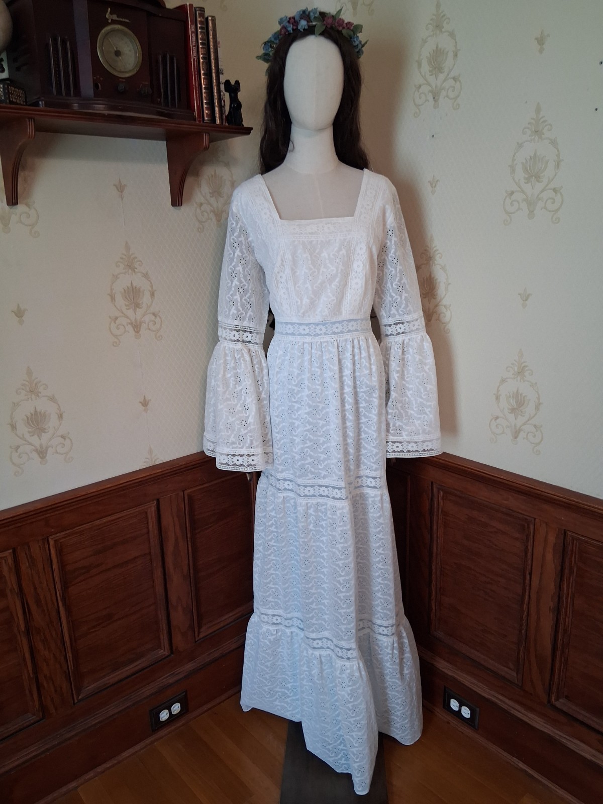Vintage 1970s Montgomery Ward White Lace Prairie Cottagecore Maxi Dress, Sz 20 T