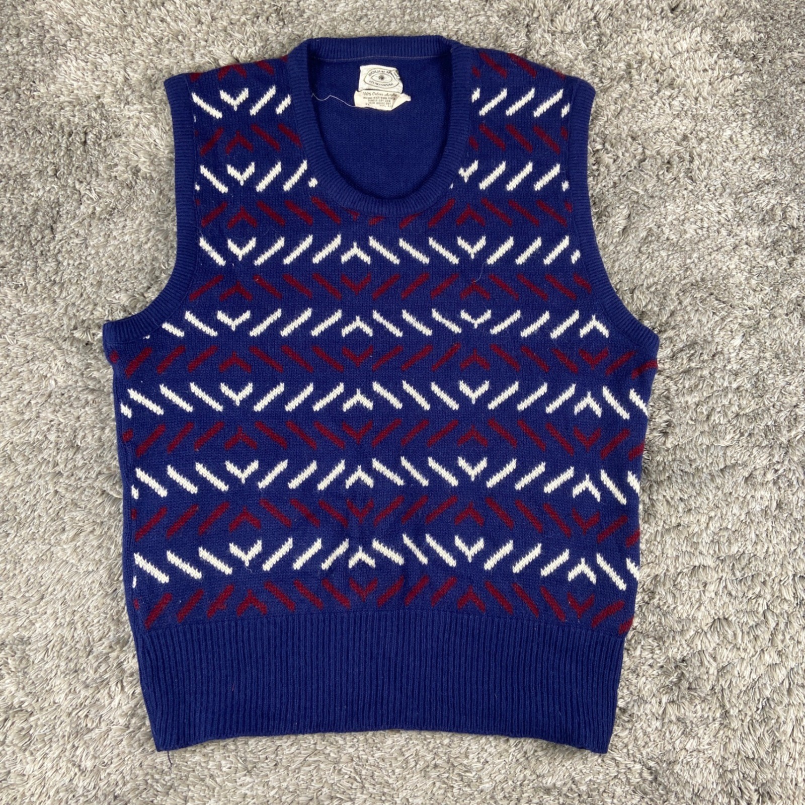 Vintage Roger Hall Sweater Vest Men Medium Blue Geometric Orlon Knit Preppy 70s