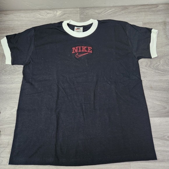 Vintage Nike Embroidered Logo Ringer T-Shirt Size L Black & White Trim 1990’s