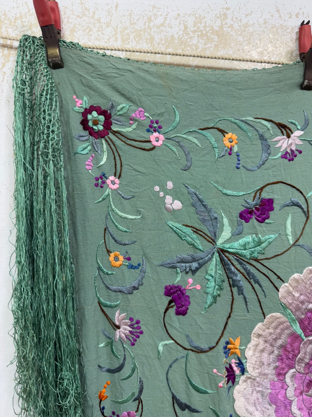 Vintage Manila Silk Embroidered Piano Scarf Shoulder Shawl 120×115 Cm