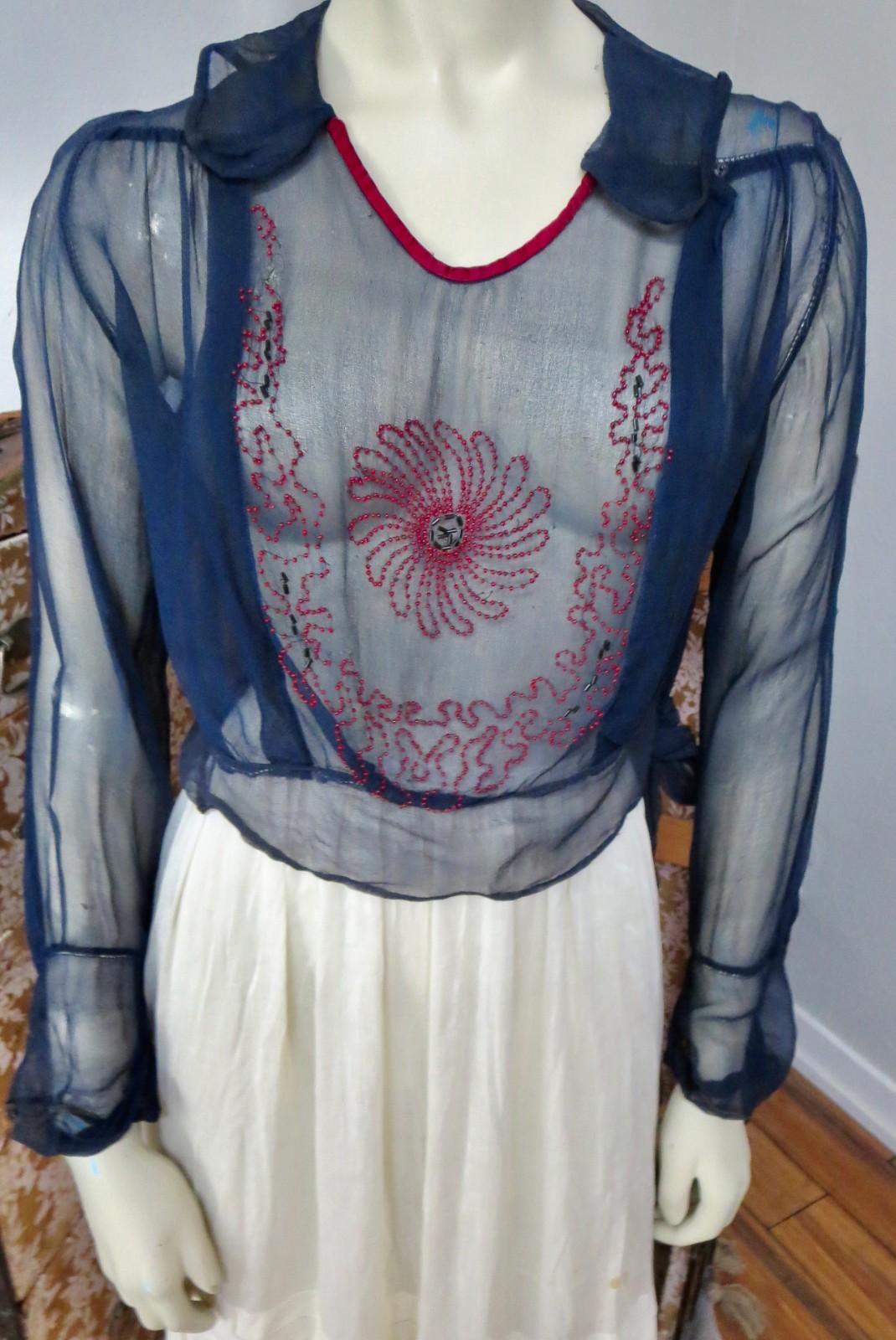 1920s Blue Sheer Crepe Silk Cranberry Red Beaded Flapper Blouse AS IS