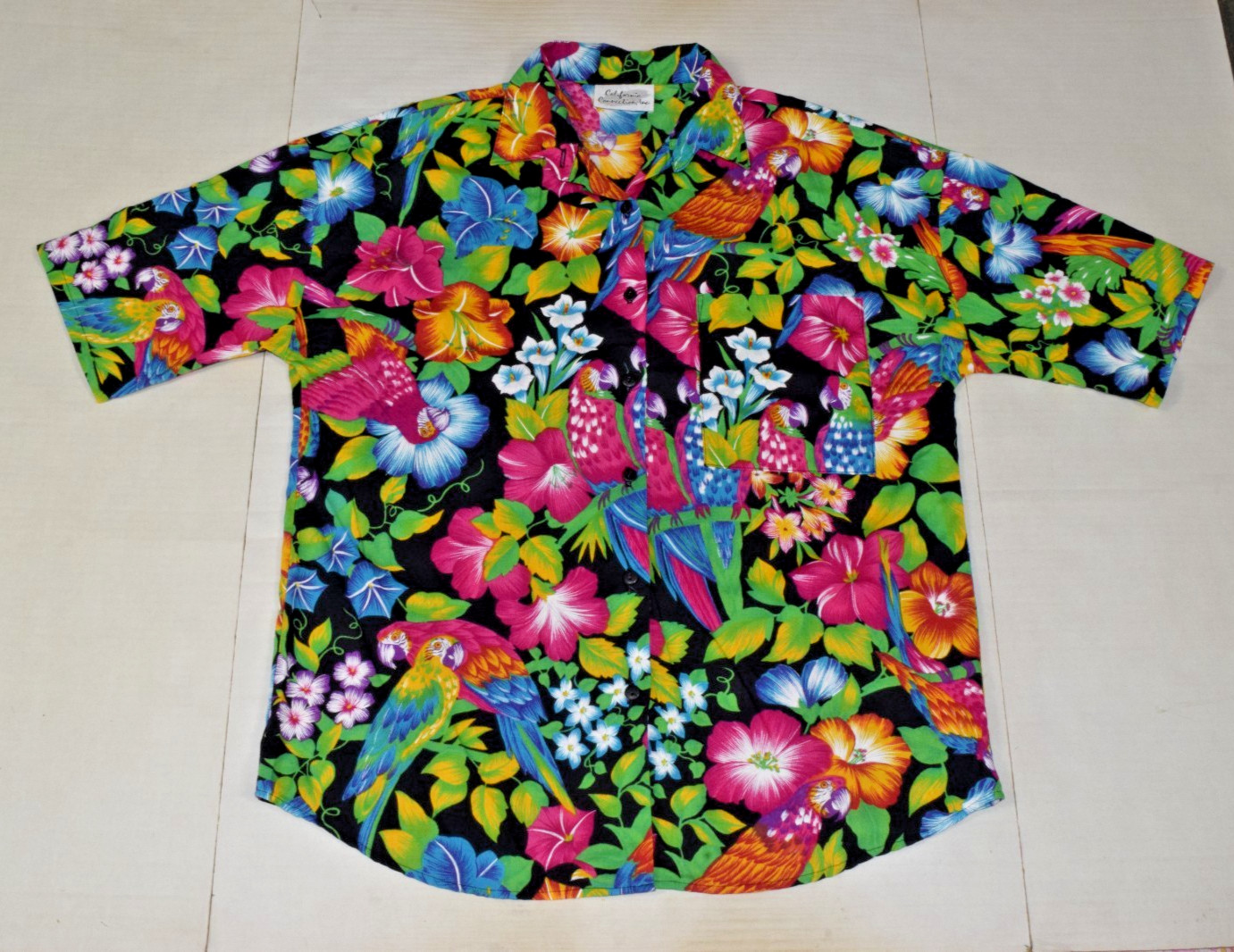 Vintage Shirt California Connection Size L 80s Tropical Parrots Wide Shoulder