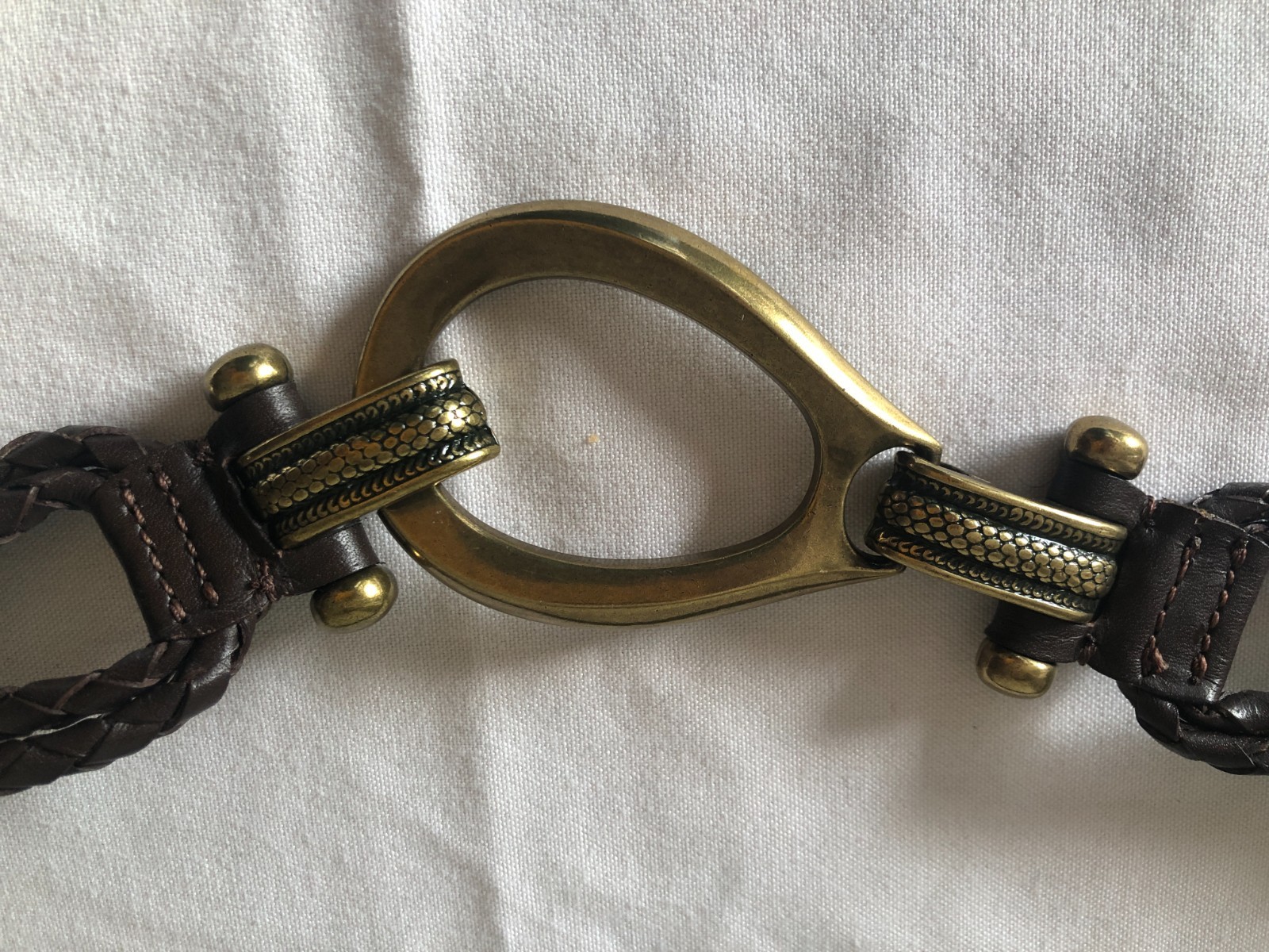 Brown Braided Leather Belt Brass Buckle Adjustable Unisex Adults
